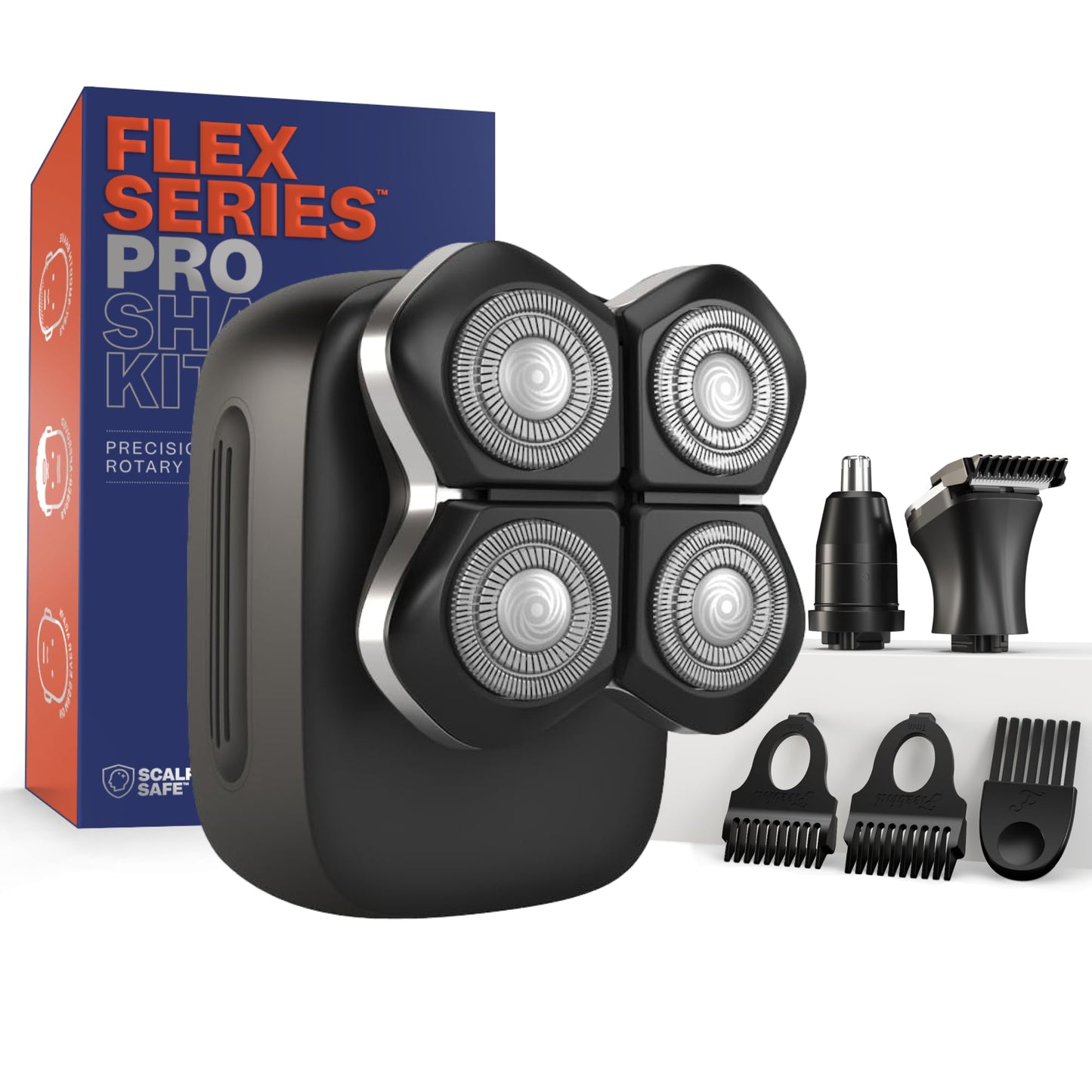 HotFreebird FlexSeries Electric Head & Body Hair Shaver - Mens Cordless Rechargeable Wet/Dry Skull Bald Head Back & Groin Waterproof Razor with Rotary Blades, Clippers, Nose Trimmer, Brush, Massager