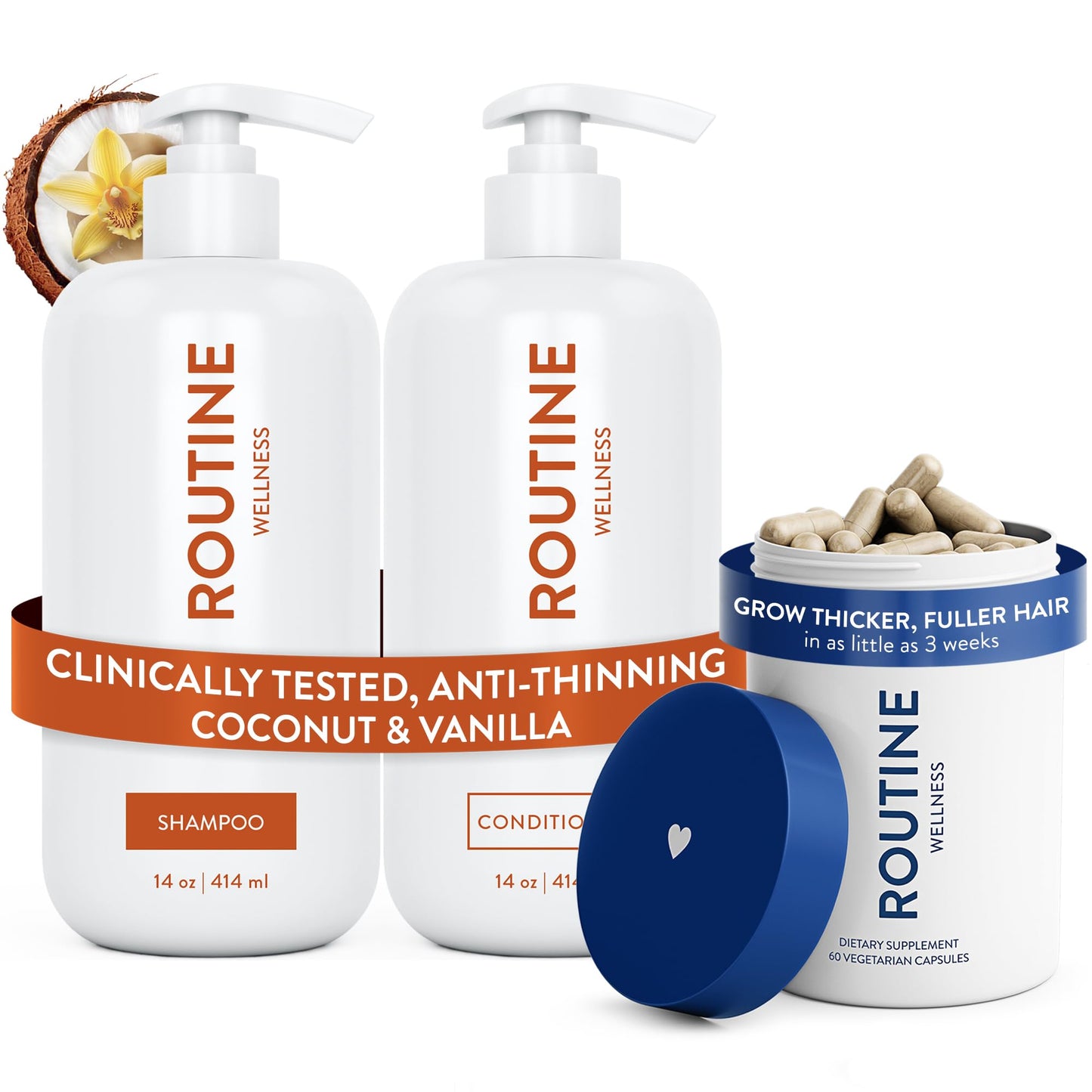 HotRoutine Wellness Anti-Thinning Shampoo & Conditioner - Rose Hips | Clinically tested shampoo for thinning hair with biotin, pea peptides, saw palmetto oil, color safe, sulfate free