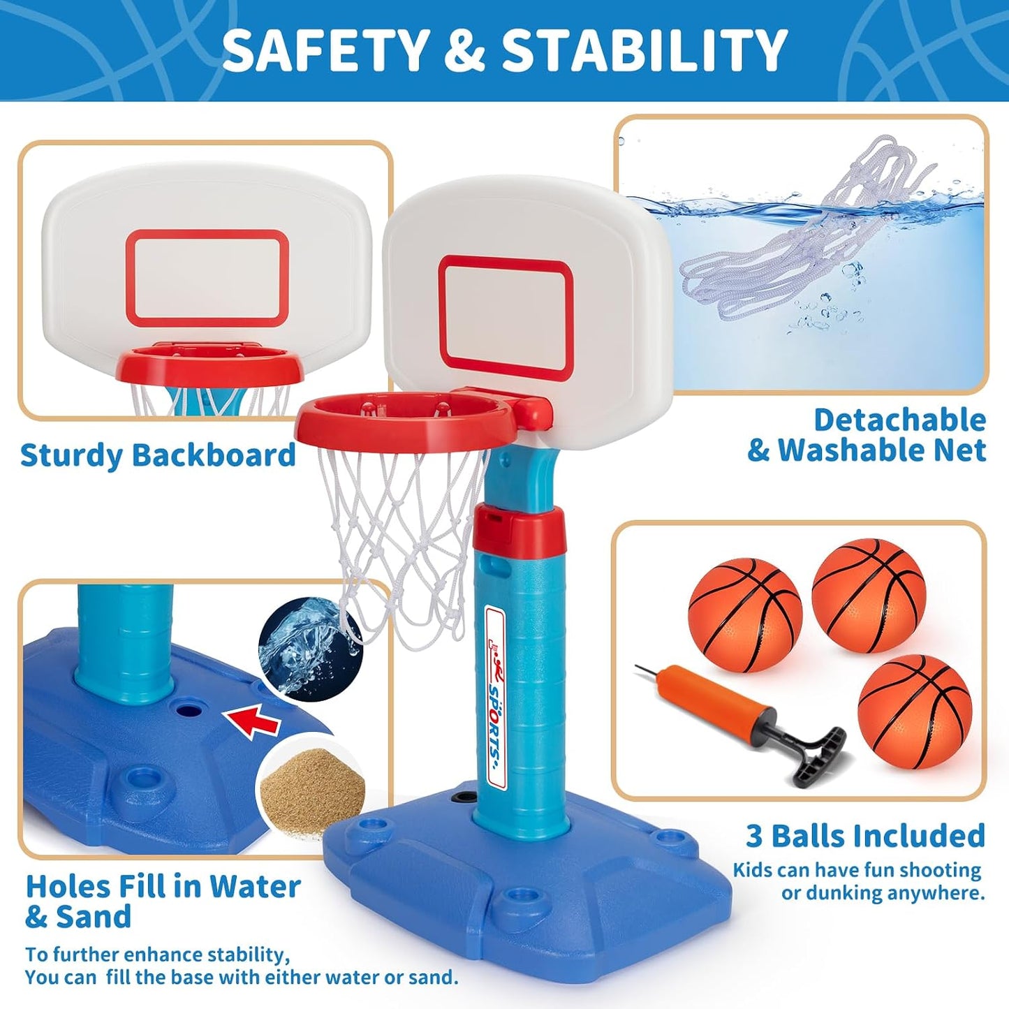 HotToddler Basketball Hoop Indoor for Age 1-3, Adjustable Kids Basketball Hoops, Mini Basketball Hoop with 3 Balls for Outdoor Poolside, Birthday Christmas Sport Toys Gift for Baby Boys Girls Age 1 2 3 4