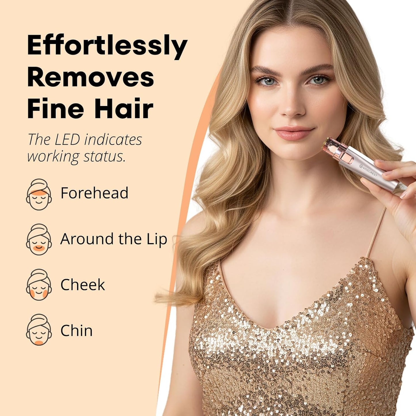 HotVG VOGCREST Eyebrow & Facial Trimmer: 2 in1 Rechargeable Facial Hair Removal & Eyebrow Shaver - Body Razor with Built-in LED Light (Rose Gold)