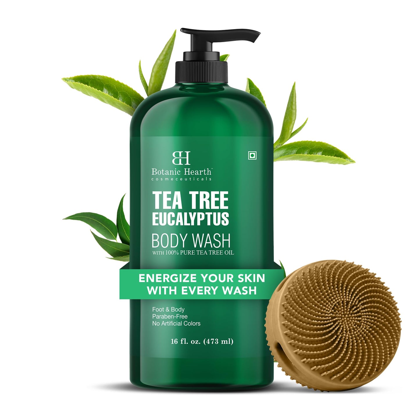 HotBotanic Hearth Tea Tree Body Wash, 16 Fl Oz (473 ml) Pack of 2 | With Tea Tree Oil, Peppermint & Sea Buckthorn | Gently Cleanses, Refreshes & Nourishes Skin | Sulfate & Paraben Free | For Men & Women