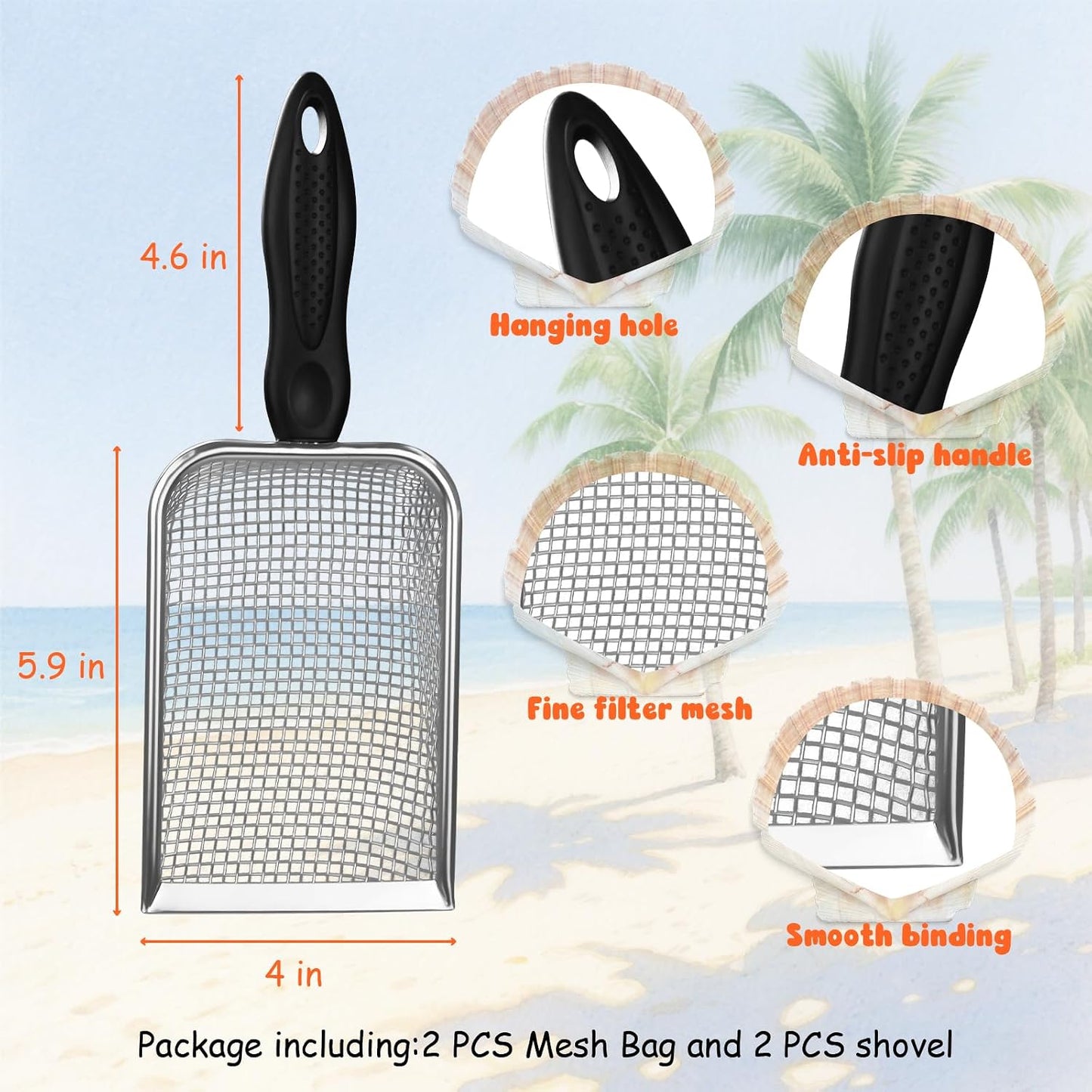 Hot 2 PCS Beach Mesh Shovel Sand Sifters with 2 PCS Mesh Beach Bag | Shark Tooth Sifter for Shell Collecting, Filter Sand Scooper Shells Tools for Boys and Girls
