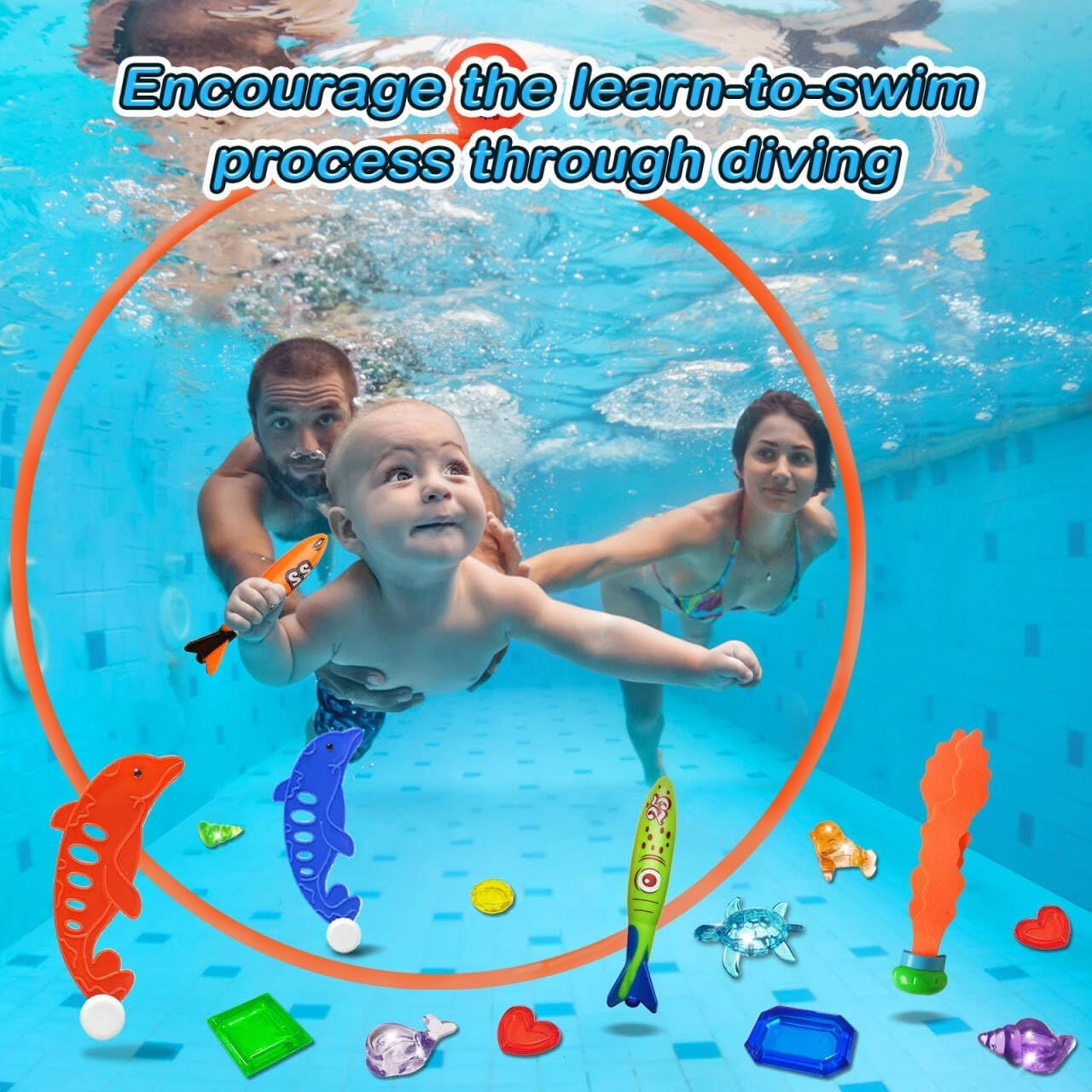 HotJasonwell Pool Toys Diving Rings - 28PCS Swim Thru Rings Pool Game Diving Toys with Dive Ring Underwater Treasures Torpedo Bandits Fish Toy Fun Water Swimming Toy for Boys Girls Kids Teens Adults