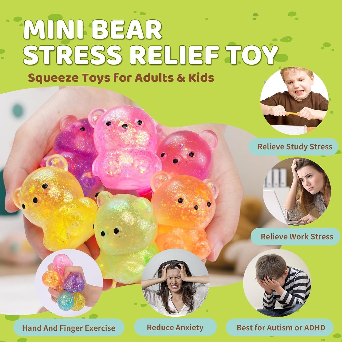HotVESPRO 12Pack Fidget Toys Squishy ，Cute Bear Squeeze Ball | Bulk Squishy Fidget Squeeze Play Toys，Pull Stretch Classroom Prize Party Favors Toys for Kids