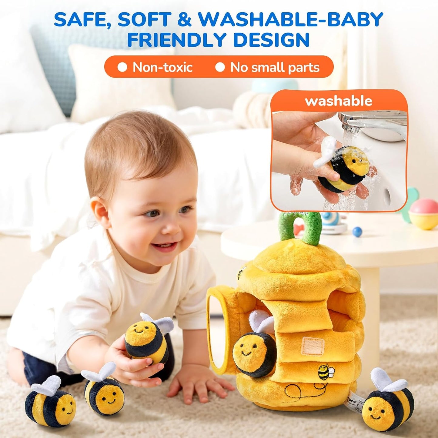 Hot JoyCat Baby Toys 6-12 Months - Soft Baby Beehive with 5 Sensory Bees - Rattle, Crinkle Paper, Squeaker, Mirror, Busy Montessori Soft Toys for Toddlers 0-3 Years Old - Baby Easter Basket Stuffers Gift