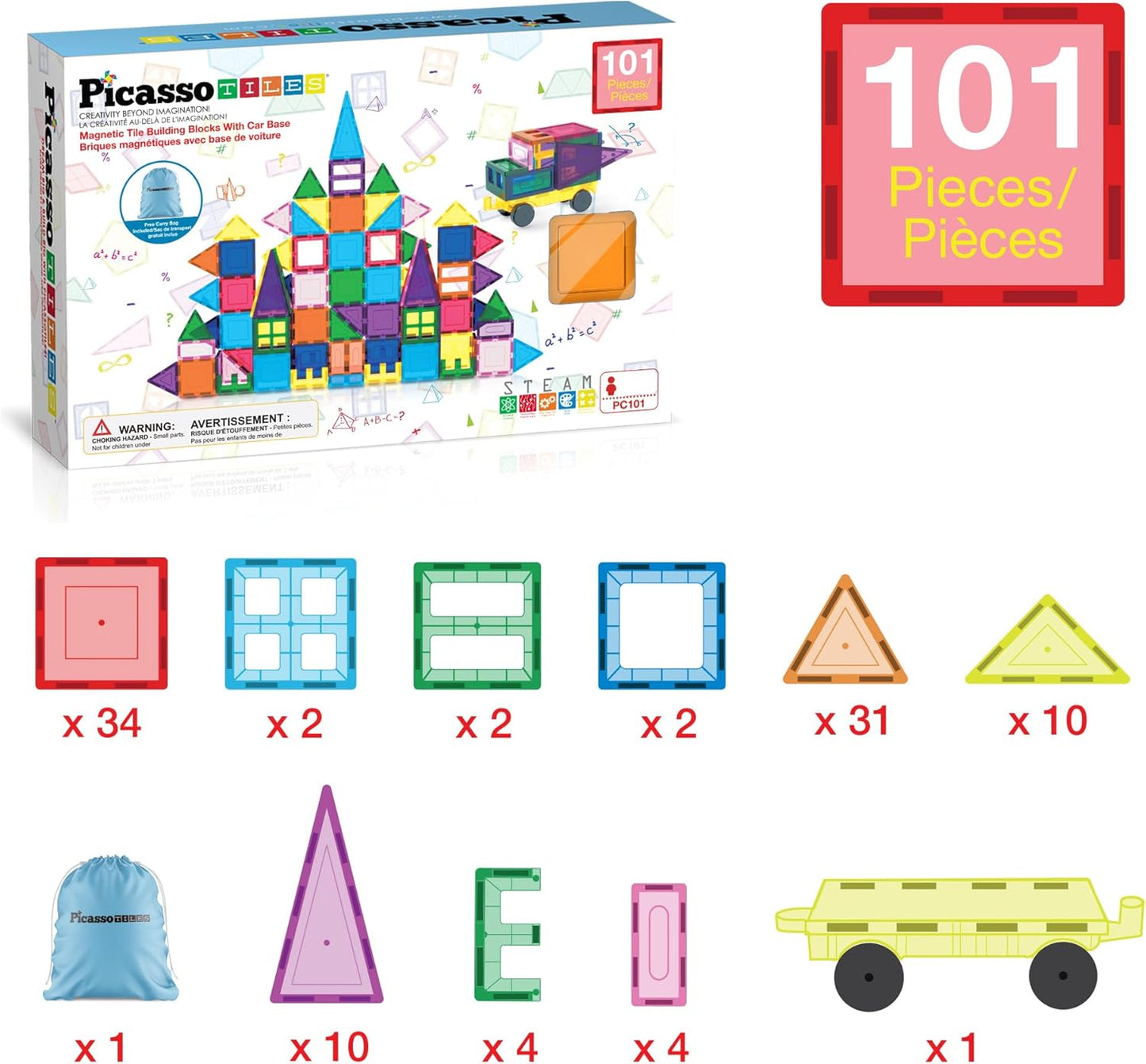 HotPicassoTiles 101 Piece Magnetic Tiles Building Set with Car & Bag Ages 3+ | BPA-free plastic, smooth-edge design, doors/windows, specialty shapes, spatial reasoning, hand-eye coordination, pretend play