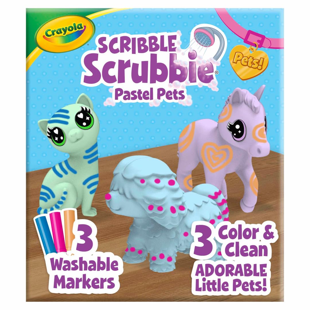 HotCrayola Scribble Scrubbies Glam Pack (4 Pets), Washable Pet Care Toy & Coloring Animal Craft Kit, Gift for Kids, Playset for Girls & Boys, Ages 3+