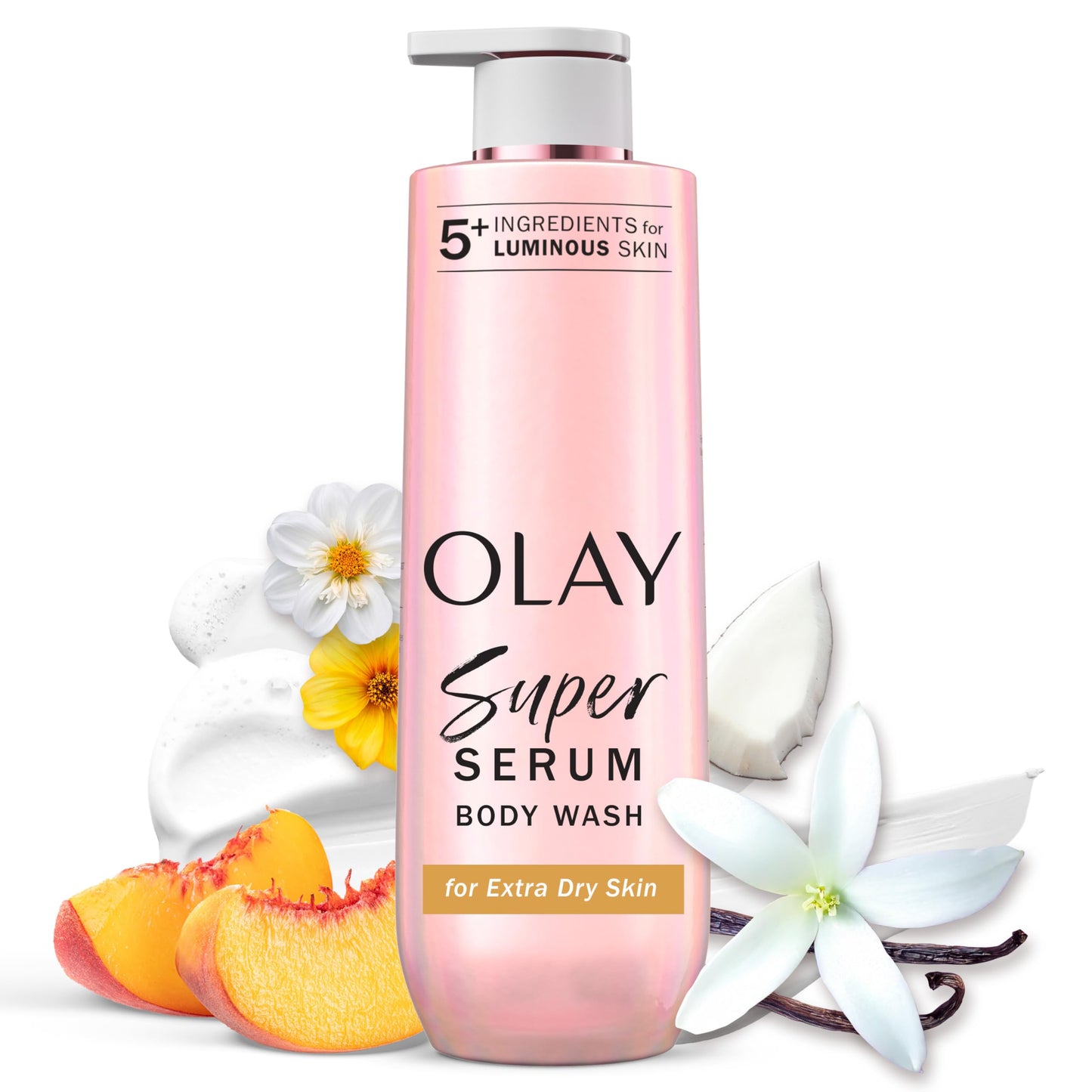 HotOlay Super Serum Body Wash for Extra Dry Skin, 24hr Long Lasting Rich Hydration, 5+ Ingredient Complex for Bright, Even, Firm, & Luminous Skin, with Collagen Peptide, Vitamin C & Shea Butter, 20 fl oz