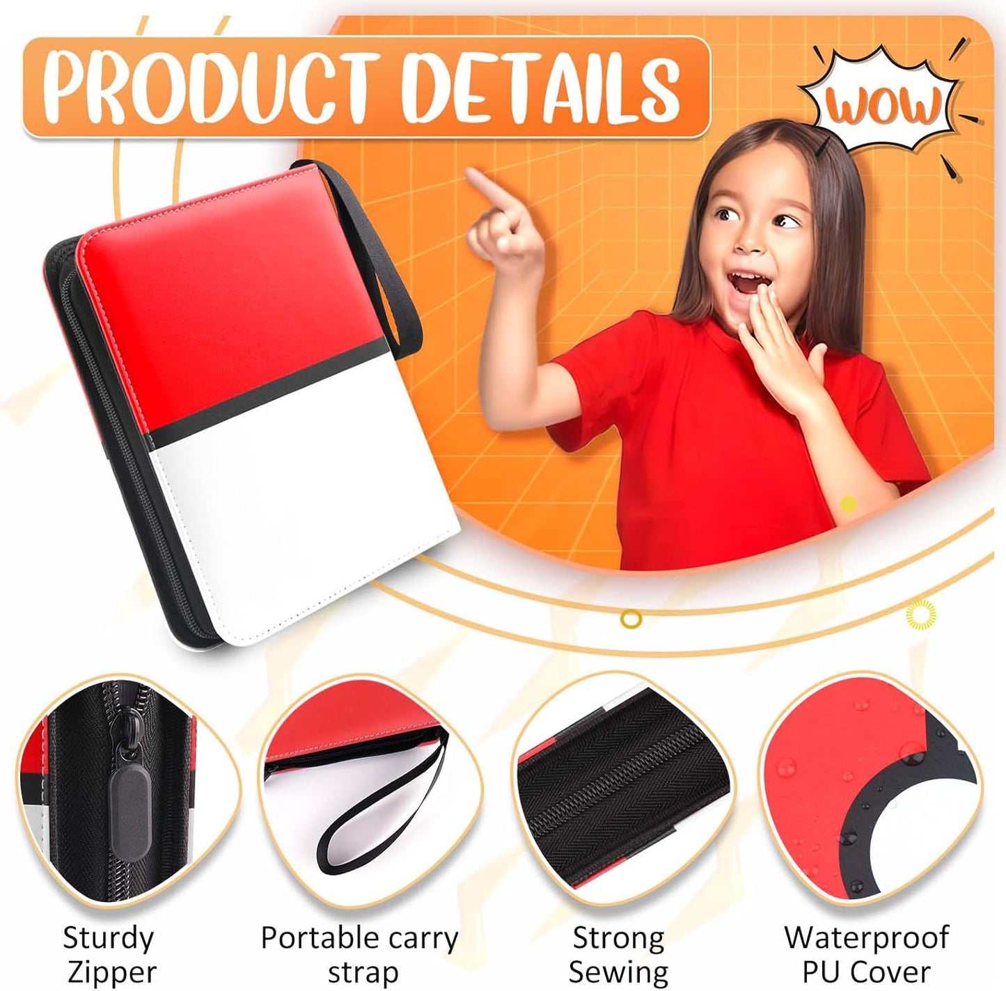 Hot Card Binder 4 Pocket, Trading Card Holder Fits 400 Cards With 50 Removable Sleeves, Portable Collection Card Ablum, Game Card Case book With Zipper for Gift, Red