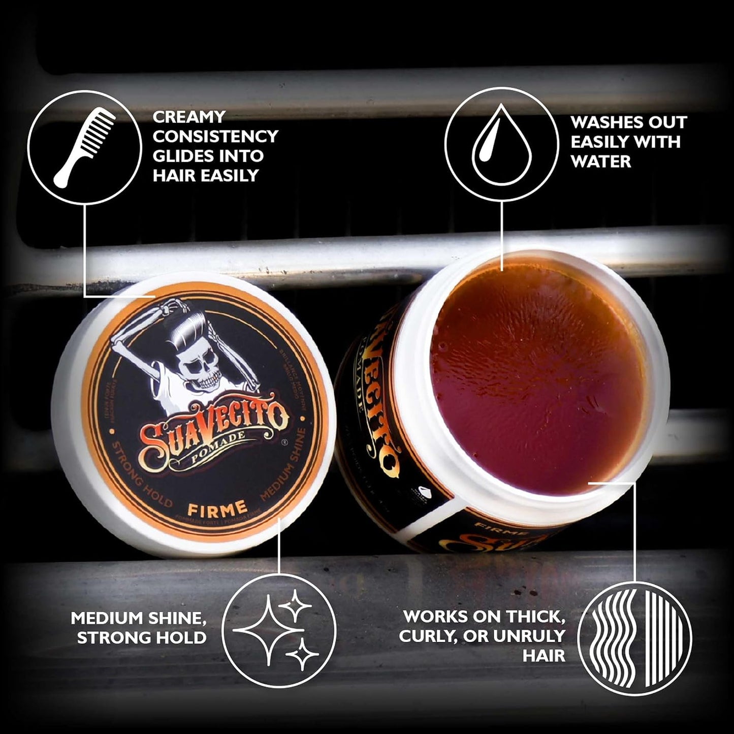 HotSuavecito Pomade Firme (Strong) Hold 4 oz, 1 Pack - Pomade For Men - Medium Shine Water Based Wax Like Flake Free Hair Gel - Easy To Wash Out - All Day Hold For All Hair Styles