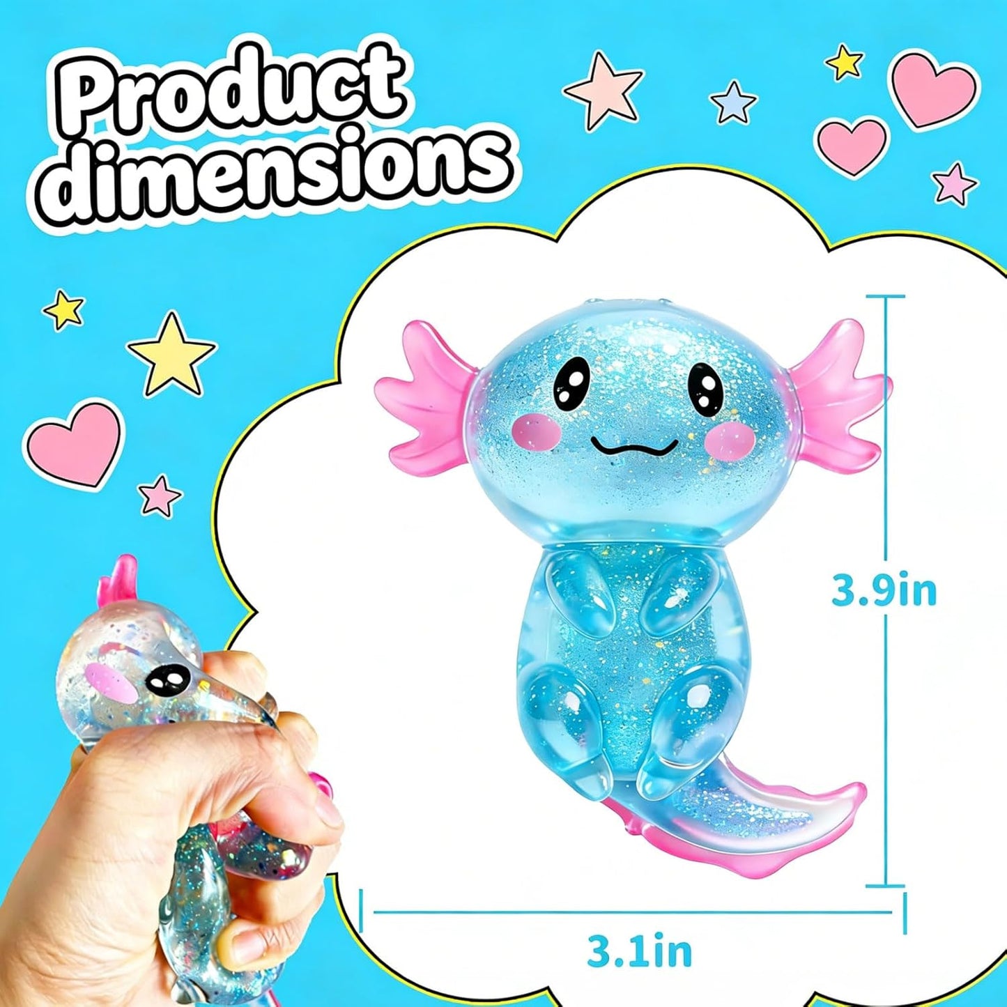 Hot2 Pcs Axolotl Squishy Stress Relief Toy, Stretchy Axolotls Stress Soft Squeeze Sensory Fidget Toys for Kids Adults, Cute Axolotls Squishies Party Favors Classroom (BluePink)
