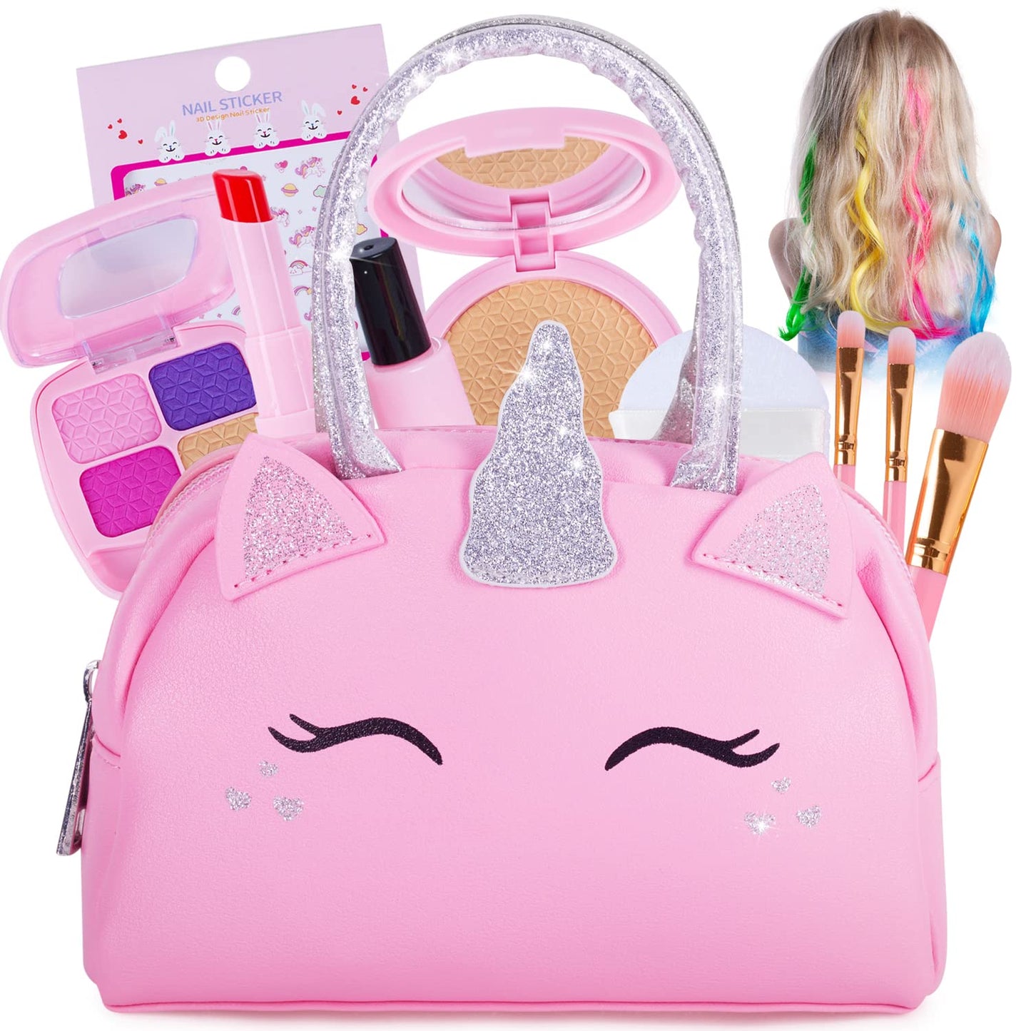 HotKids Real Makeup Kit with Pink Unicorn Purse Non Toxic Washable Make Up Set | Unicorn Toys for Girls Age 4-6, 5 Year Old Girl Birthday Gift Ideas, Toddler Little Girl Gifts 3 4 5 6 7 8 9 10 Years Old