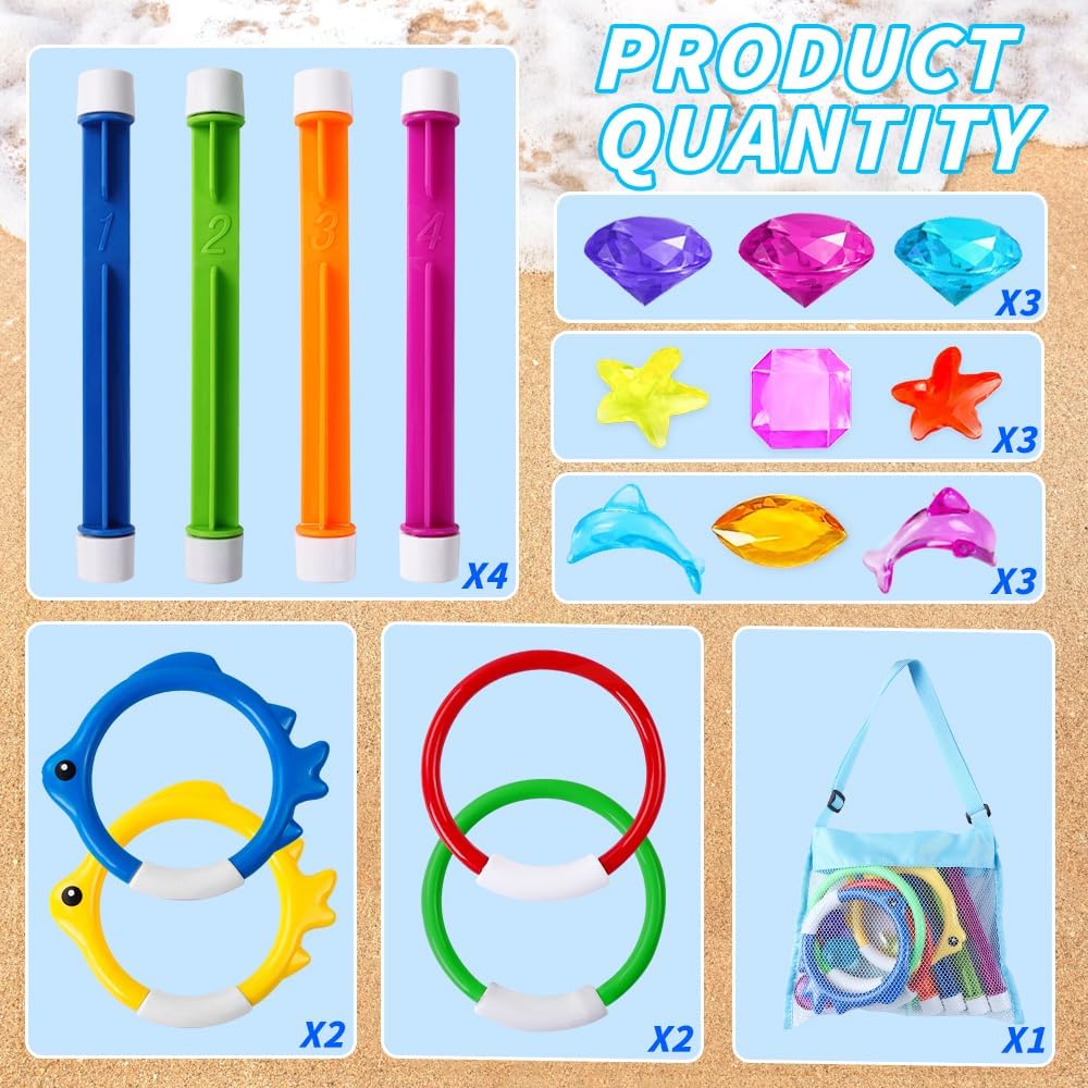 HotYUJUN 18PCS Pool Diving Swimming Toys, Summer Underwater Game Toys with Pool Fishes Dive Sticks Rings Gems Storage Bag for Kids Swim Birthday Party Favors