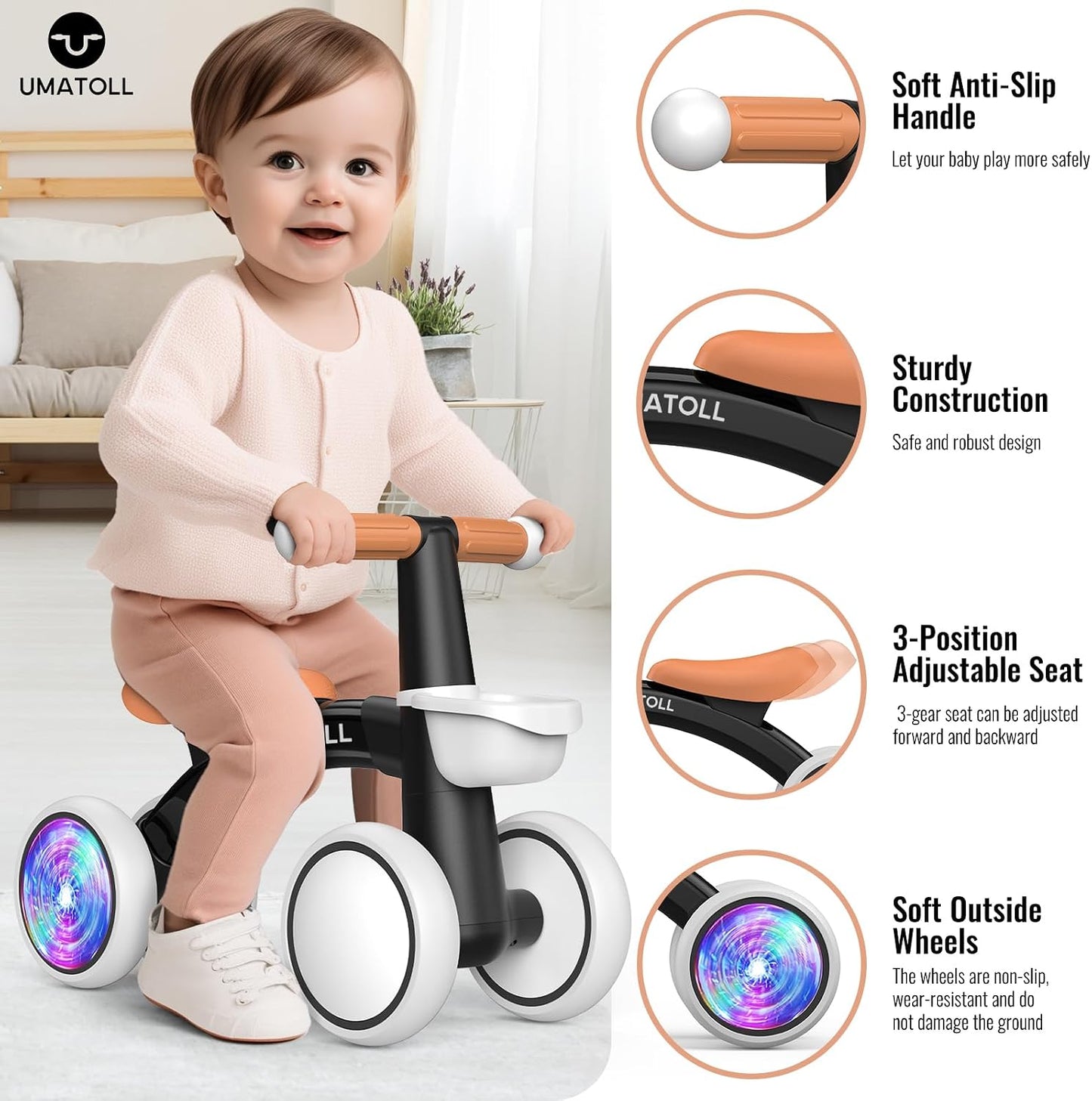 Hot Umatoll Colorful Lighting Baby Balance Bike Toys for 1 Year Old Boys Gifts, Adjustable Seat Baby Walker, One Year Old Boy Birthday Gifts, 12-24 Months Toddler First Ride on Toys