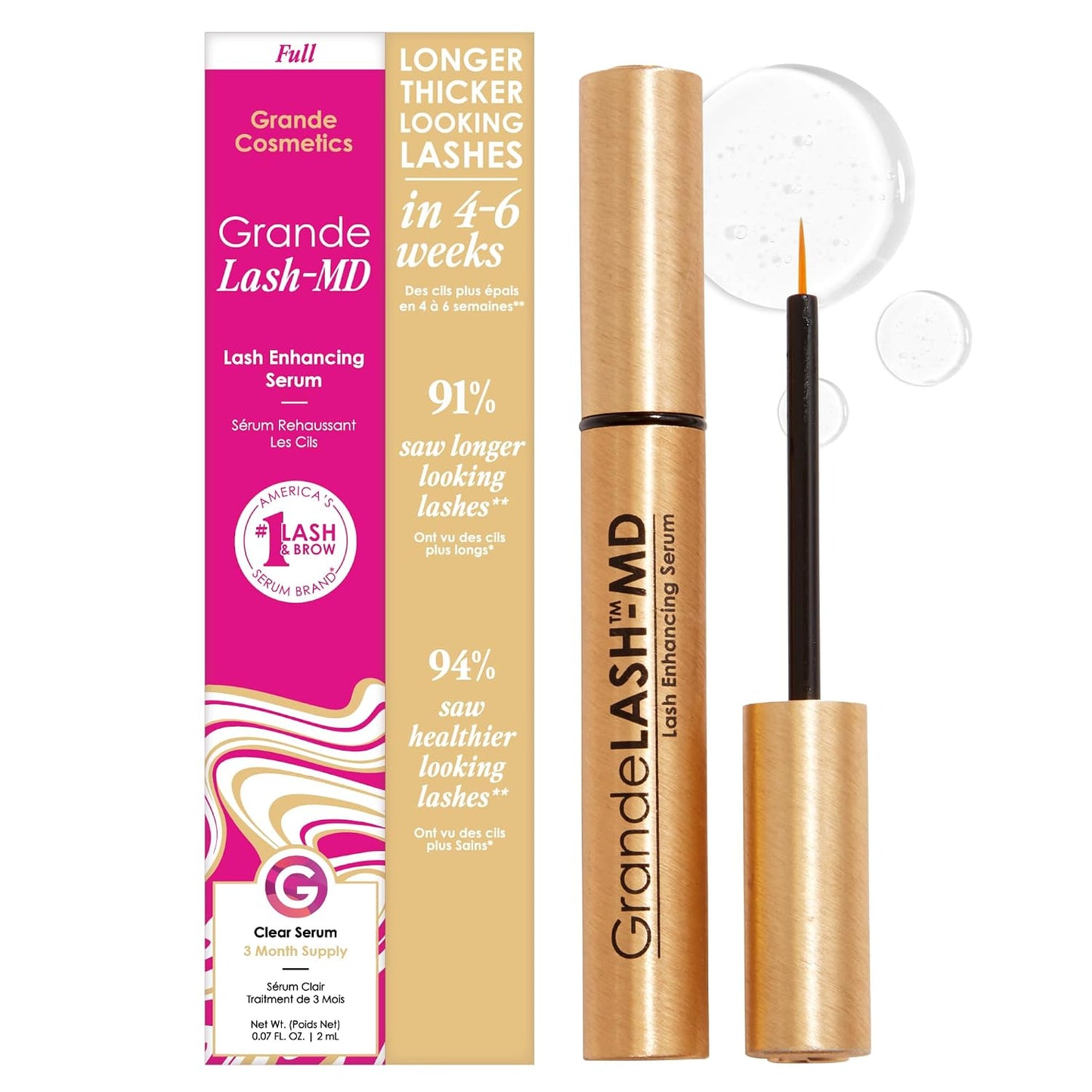 HotGrande Cosmetics GrandeLASH-MD Lash Enhancing Serum - Peptide & Vitamin Infused Formula for Longer, Thicker, Fuller Looking Lashes - Ophthalmologist Tested, Cruelty-Free, 6 Week Supply (1mL)