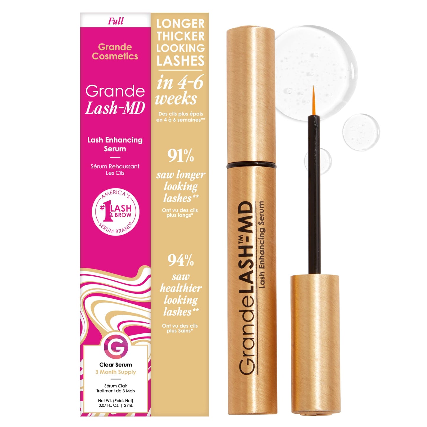 HotGrande Cosmetics GrandeLASH-MD Lash Enhancing Serum - Peptide & Vitamin Infused Formula for Longer, Thicker, Fuller Looking Lashes - Ophthalmologist Tested, Cruelty-Free, 6 Week Supply (1mL)