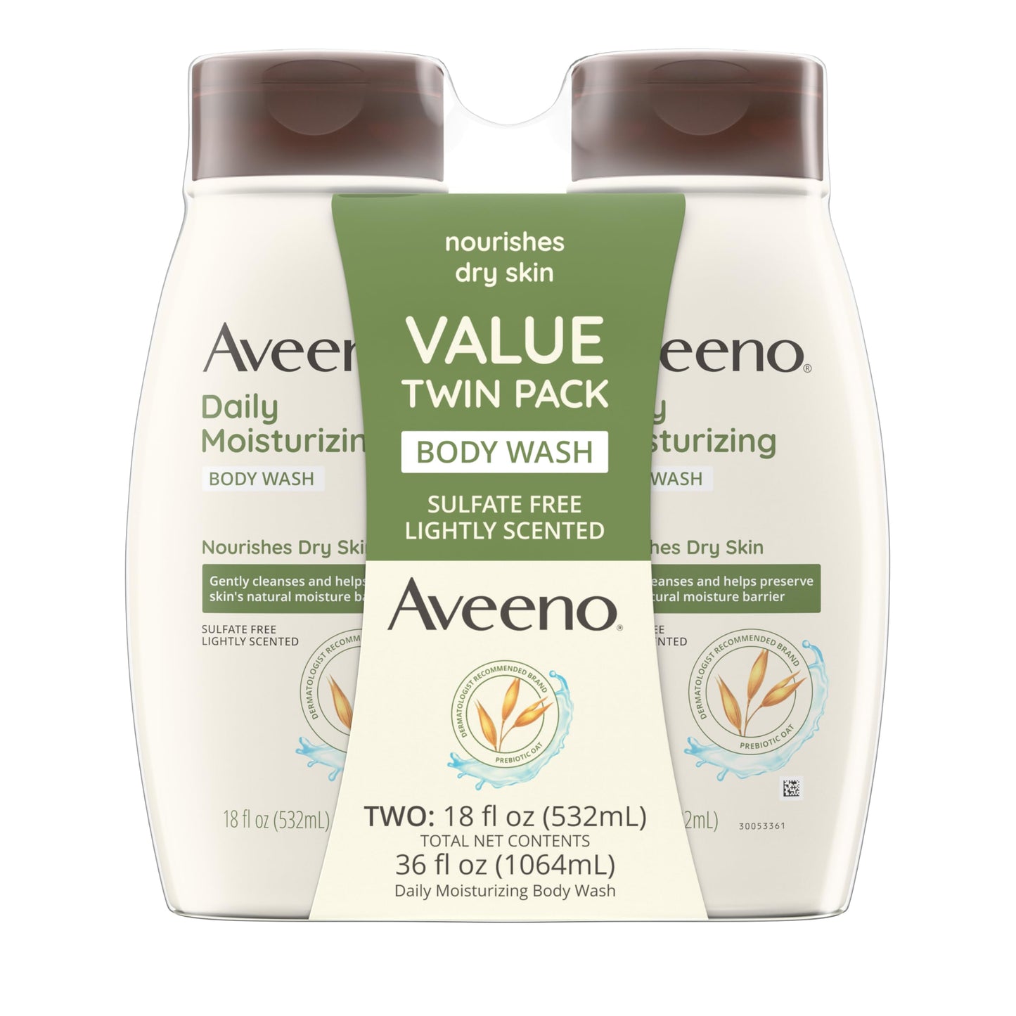 HotAveeno Daily Moisturizing Body Wash for Normal to Dry and Sensitive Skin Formula with Prebiotic Oat, Lightly Scented, 18 Fl Oz (2 Pack)