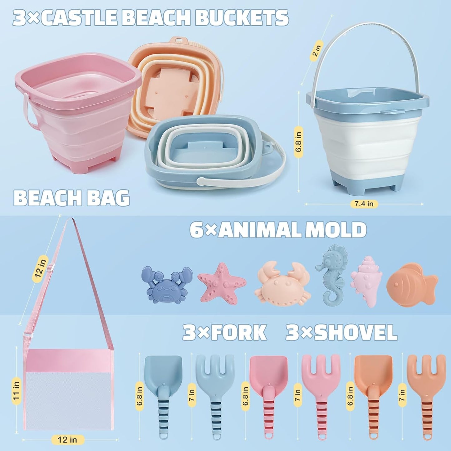 HotDreamon Beach Toys Set for Kids 3-10, Collapsible Sand Buckets with Beach Molds and Mesh Bag, 3 Pack Shovels Set Sand Toys for Beach, Sandbox Travel Toys for Toddlers Kids