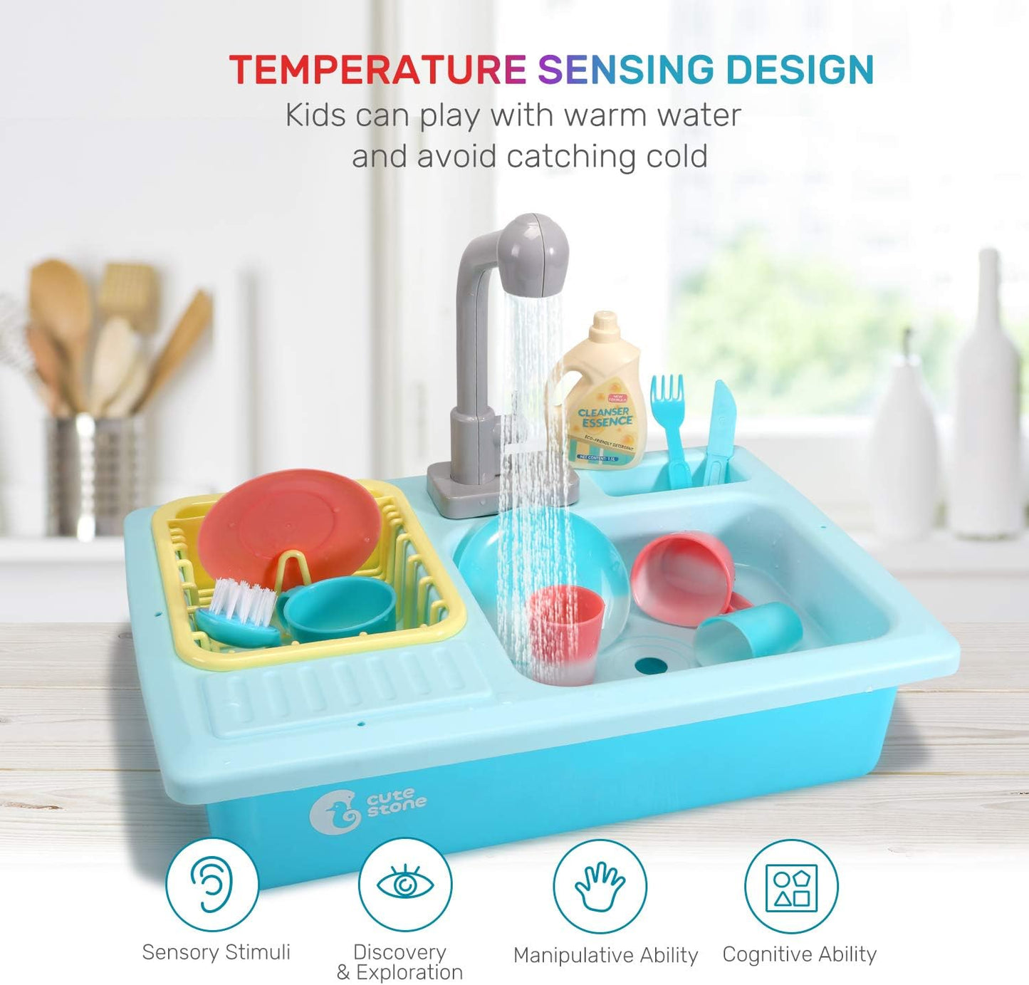 Hot CUTE STONE Color Changing Kitchen Sink Toys, Children Electric Dishwasher Playing Toy with Running Water, Upgraded Faucet, Automatic Water Cycle System Play House Pretend Role Play Toys for Boys Girls