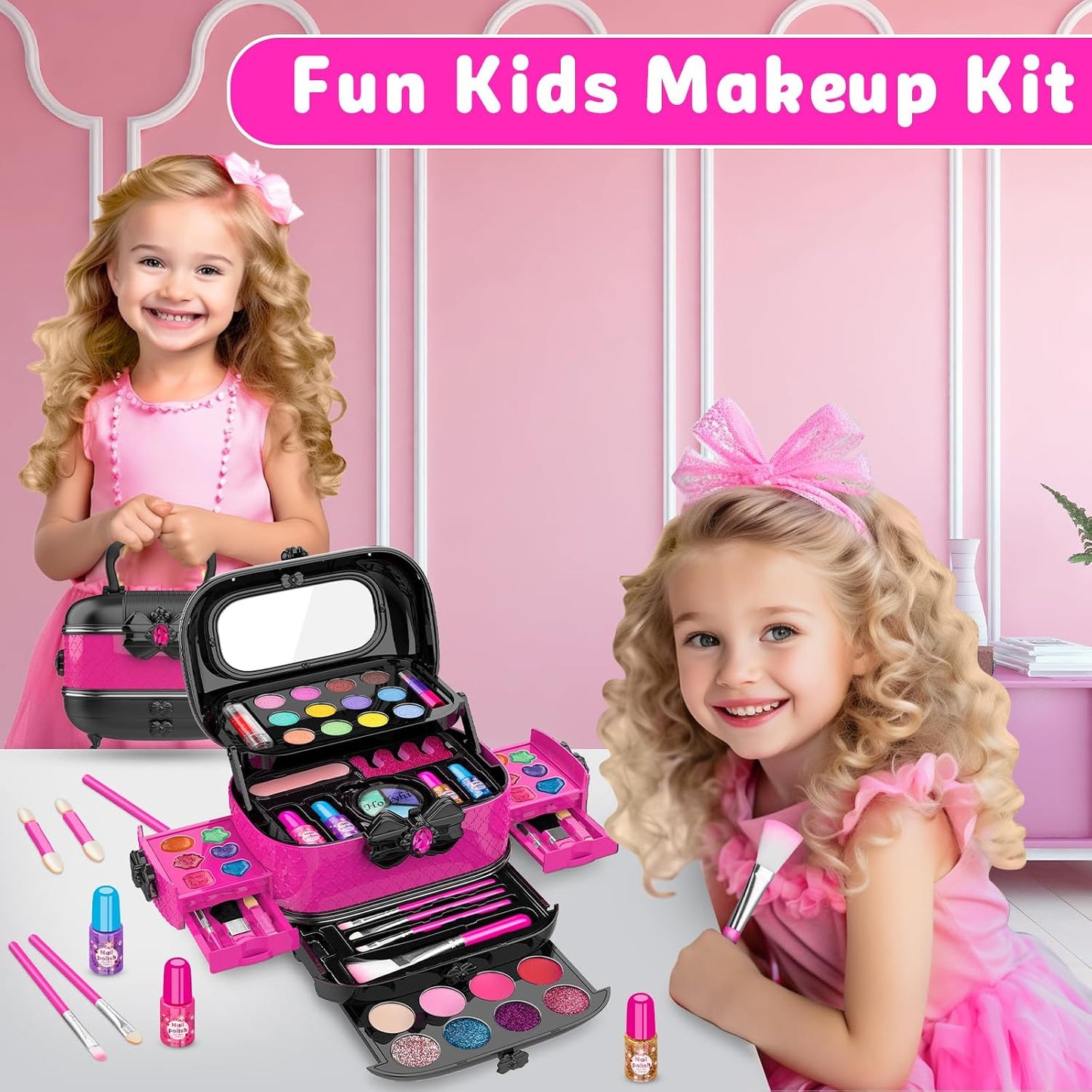 HotHollyhi 58 Pcs Kids Makeup Kit for Girl, Princess Toys Real Washable Cosmetic Set with Mirror, Kids Makeup Sets for Girls, Play Make Up Birthday Gifts for 3 4 5 6 7 8 9 10 11 12 Years Old Kid (Rose)