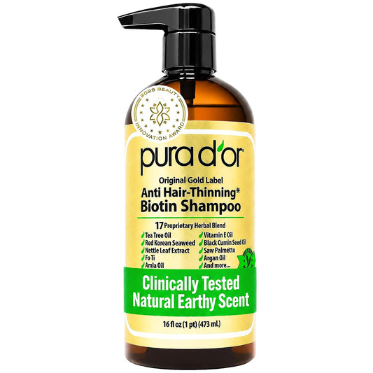 HotPURA D'OR Original Gold Label Anti-Thinning Shampoo - CLINICALLY TESTED - Biotin & Argan Oil – Sulfate-Free Strengthening & Volumizing for Fuller-Looking Hair, Men & Women, Natural Earthy Scent 16 oz