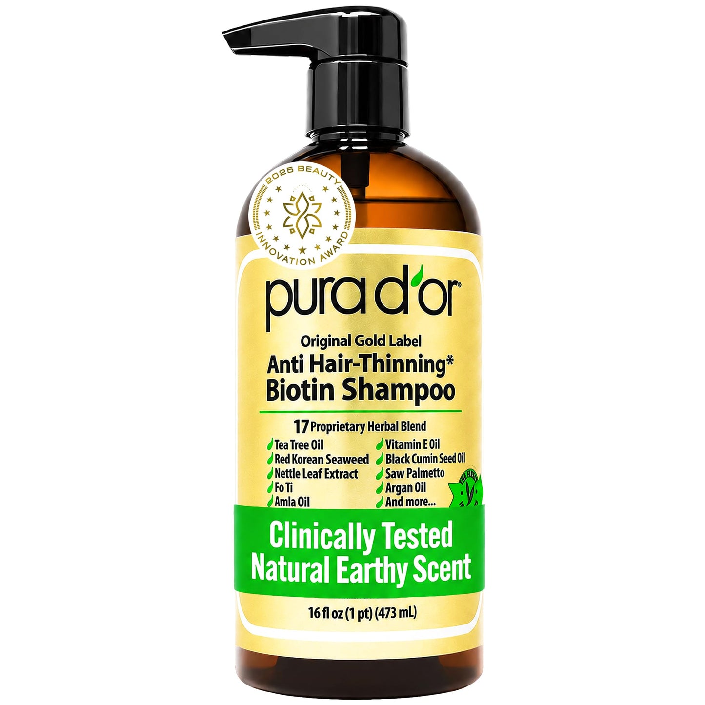 HotPURA D'OR Original Gold Label Anti-Thinning Shampoo - CLINICALLY TESTED - Biotin & Argan Oil – Sulfate-Free Strengthening & Volumizing for Fuller-Looking Hair, Men & Women, Natural Earthy Scent 16 oz