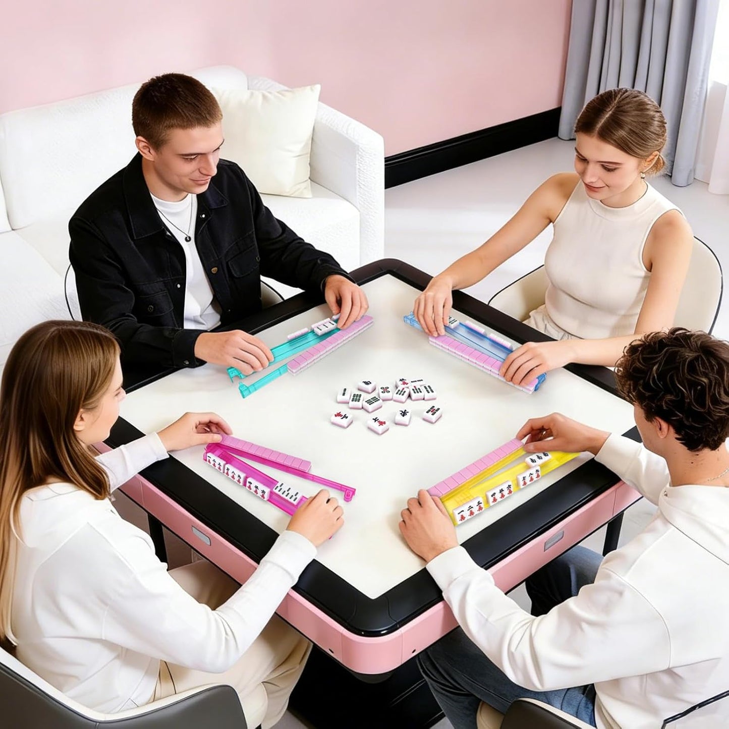HotNon-Slip Mahjong Racks with Pushers, 4-Pack Clear Acrylic Racks, American Mahjong Accessories, Gift-Ready Mahjong Gifts (Clear)