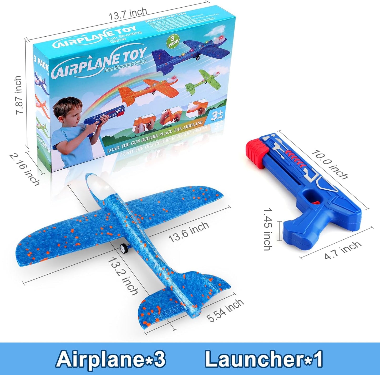 HotFuwidvia 3 Pack Airplane Launcher Toys, 13.2'' LED Foam Glider Plane Toy for Boys, 2 Flight Modes Outdoor Flying Toys Birthday Gifts for Boys Girls 4 5 6 7 8 9 10 11 12 Year Old (Blue&Green&Orange)