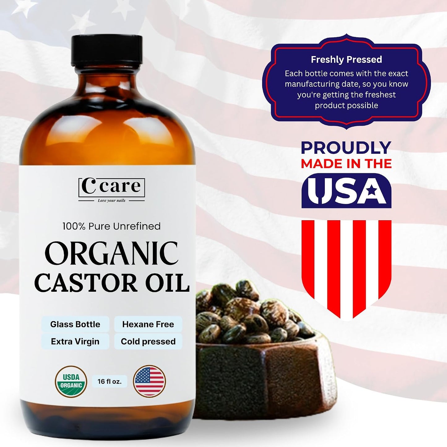 HotC CARE Castor Oil 100% Pure Organic Cold Pressed Unrefined Glass Bottle | USDA Certified Organic | Hexane Free Extra Virgin | For Hair Growth Eyebrows Eyelashes Skin and Castor Oil Pack Wrap | 16oz