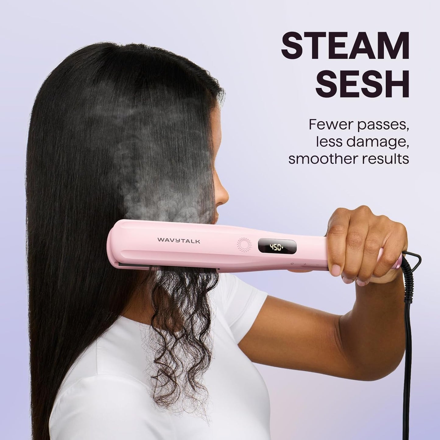 HotWavytalk Steam Hair Straightener 1.38'' with Detachable Comb for Silk Press | Steam Reduces Damage, Nourishes Hair & Expedites Straightening, Anti-humidity, Frizz Control, Nano Titanium Flat Iron, Pink