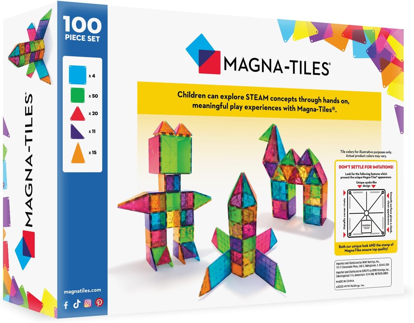 HotMAGNA-TILES Classic 100-Piece Magnetic Construction Set, The Original Magnetic Building Brand