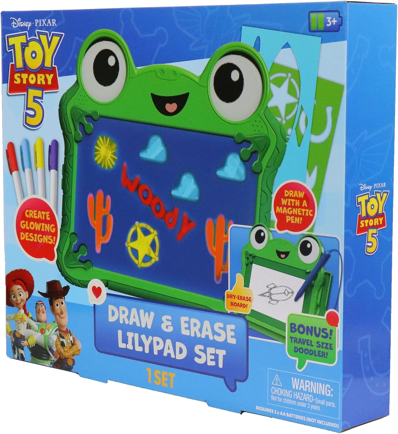 HotDisney Pixar Toy Story 5 Draw & Erase Lilypad Set, Frog Glow Board & Pen | 8.5-in Light-up Drawing Pad with 4 Dry Erase Markers, 2 Stencils, Wipe-off Cloth, and Travel Magnetic Doodle Board