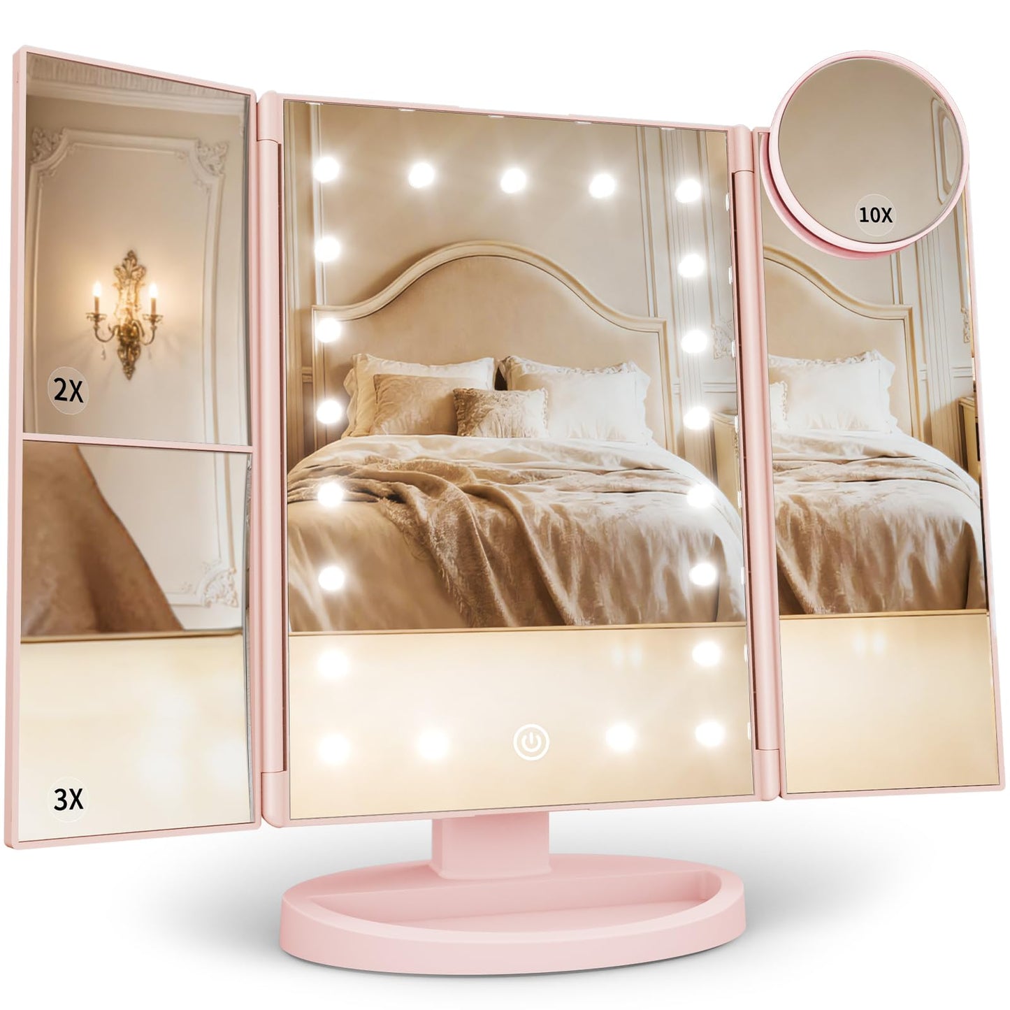 HotHUONUL Makeup Mirror, Vanity Mirror with Lights, 2X/3X/10X Magnification, Touch Control, Trifold, Dual Power Supply, Birthday Gifts for Women, Wife, Mom, Girls,Dorm Room Essentials