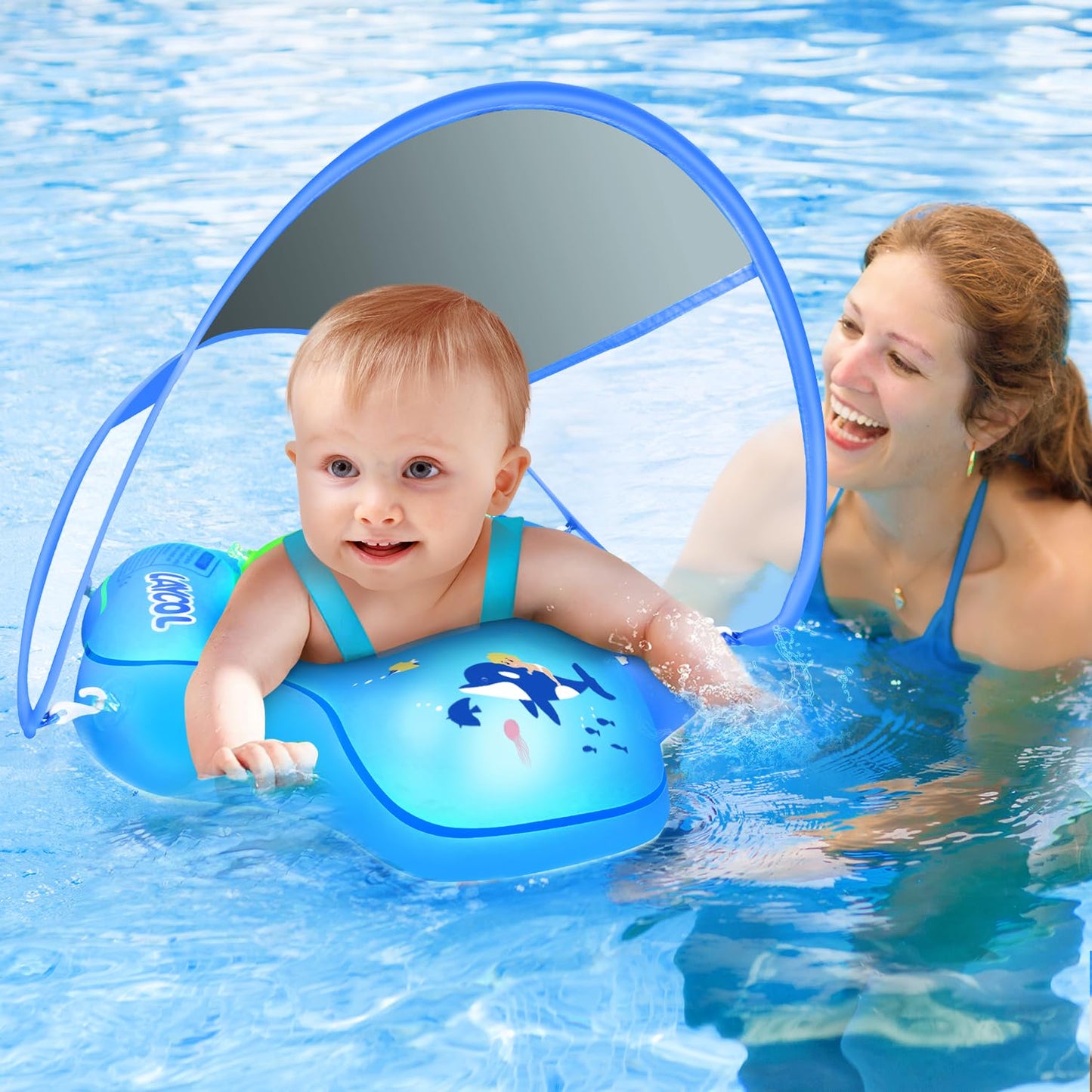 HotBaby Pool Float with Canopy UPF50+ Sun Protection, no flip Over Inflatable Baby Float for Baby 3-36 Months, Skin Protect Toddler floaties for Boys and Girls