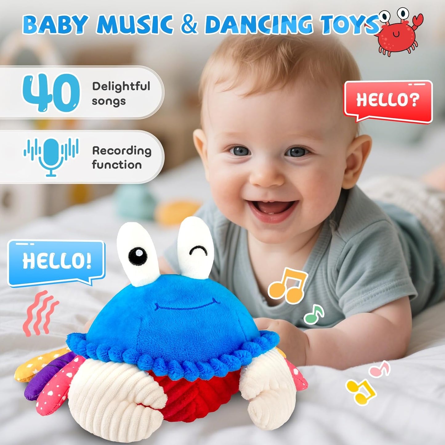 HotInteractive Crawling Crab Baby Toy, Musical Toy with 40 Songs & Recording | Soft Plush Toy for Tummy Time, Sensory Play, Moving Toy for Baby 6 Months+, Parent-Child Interaction, Gifts for Infants