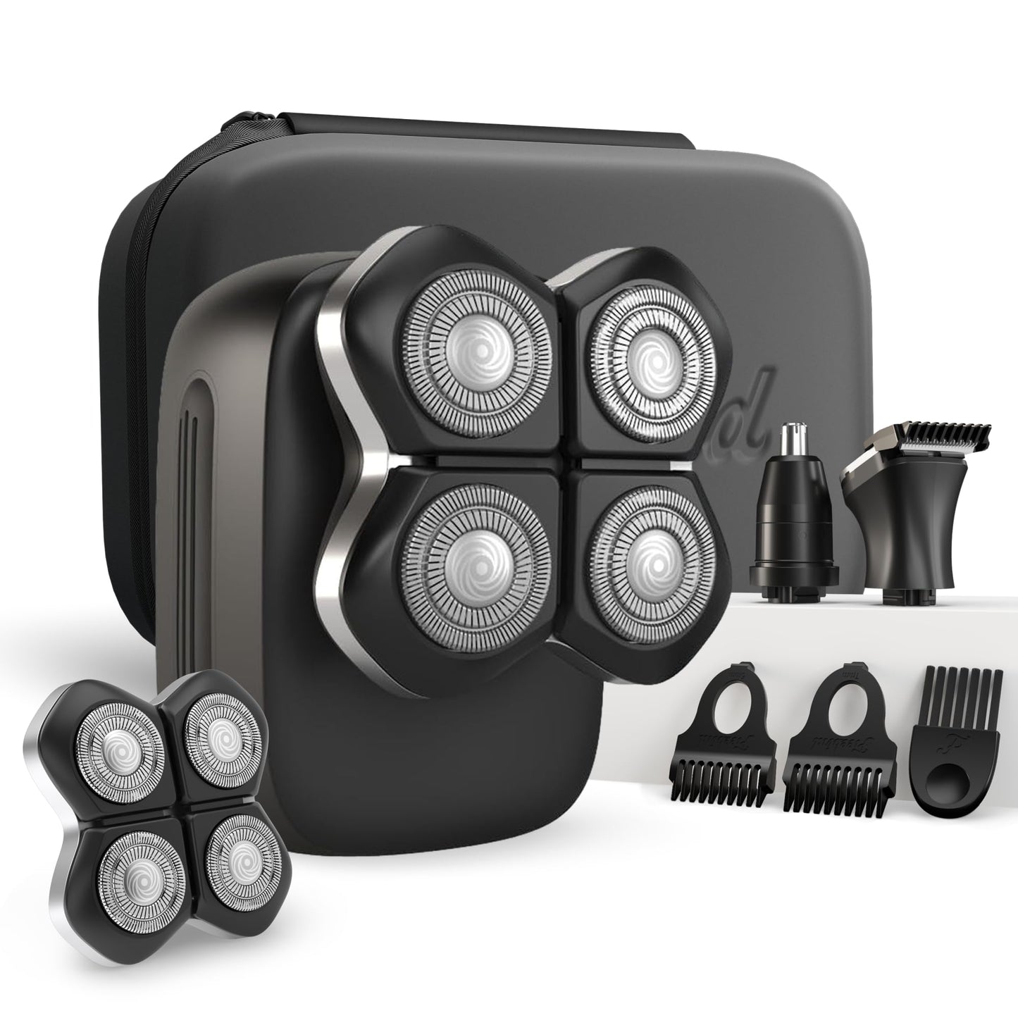 HotFreebird FlexSeries Electric Head & Body Hair Shaver - Mens Cordless Rechargeable Wet/Dry Skull Bald Head Back & Groin Waterproof Razor with Rotary Blades, Clippers, Nose Trimmer, Brush, Massager