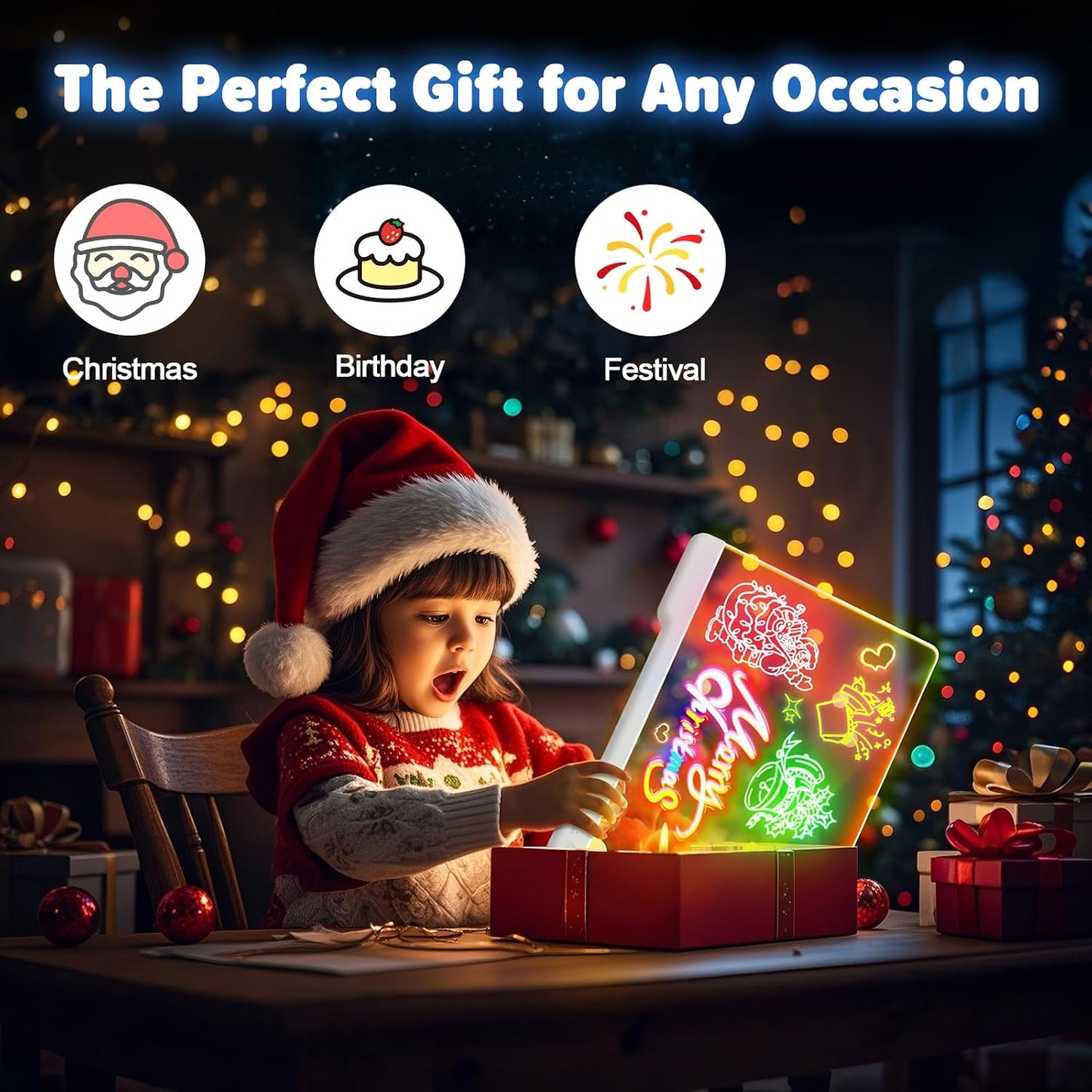 HotGeokay 16" Rechargeable LED Drawing Board, 9-Color Light Modes, Neon Art Dry Erase Light Up Doodle Glow Pad with Built-in Stand, Sketching Gift Toy for Kids/Girls/Teens, 7 Markers & Tracing Book