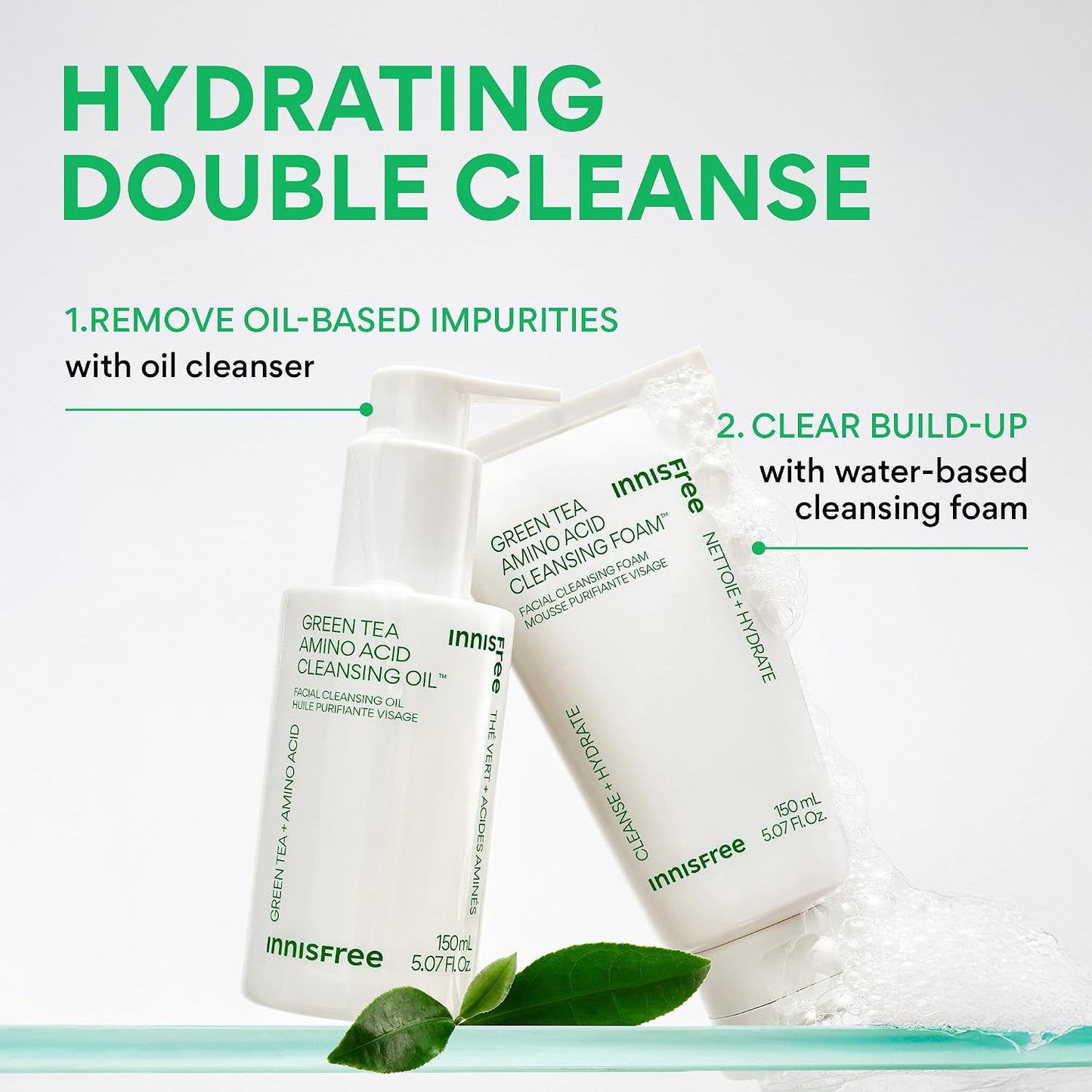 Hotinnisfree Green Tea Amino Acid Cleansing Foam, Sulfate-Free Hydrating Korean Face Wash, Gentle Lather, pH-Balanced Skincare