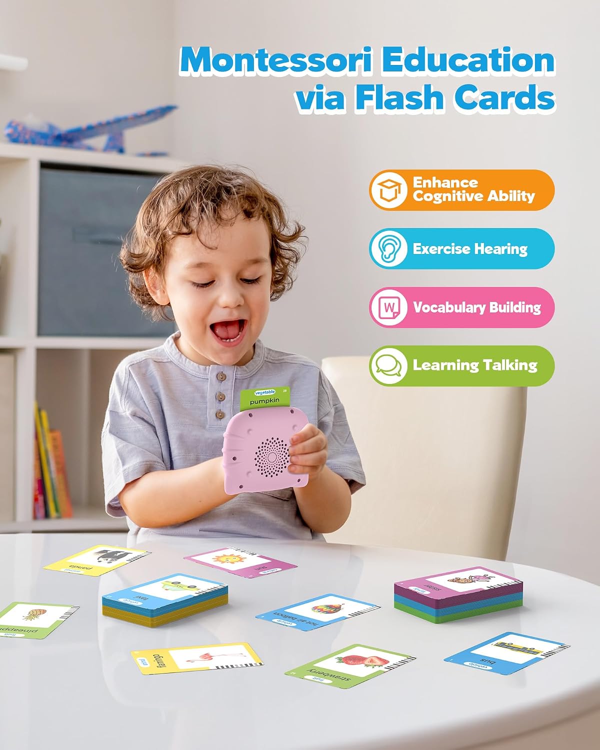 HotAirbition Talking Flash Cards for Toddlers 1 2 3 4 Year Olds, Pink | Montessori Language Learning Toys with 224 Words, Pocket Speech Therapy Toys, Children's Sensory Educational Toys