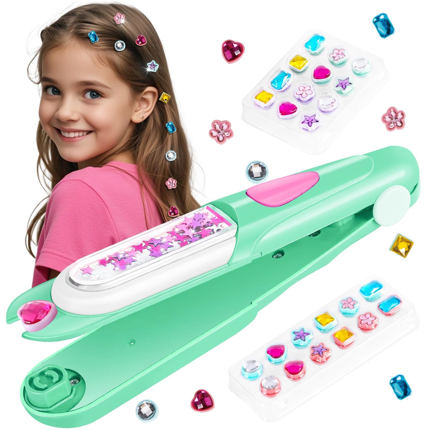 Hotkidzkube Hair Gem Stamper Kit, Bling Hair Jewels for Girls Toys, Hair Styling Tool with Reusable Shining Diamonds, Birthday Gifts Toys for Girls Ages 3 4 5 6 8-12