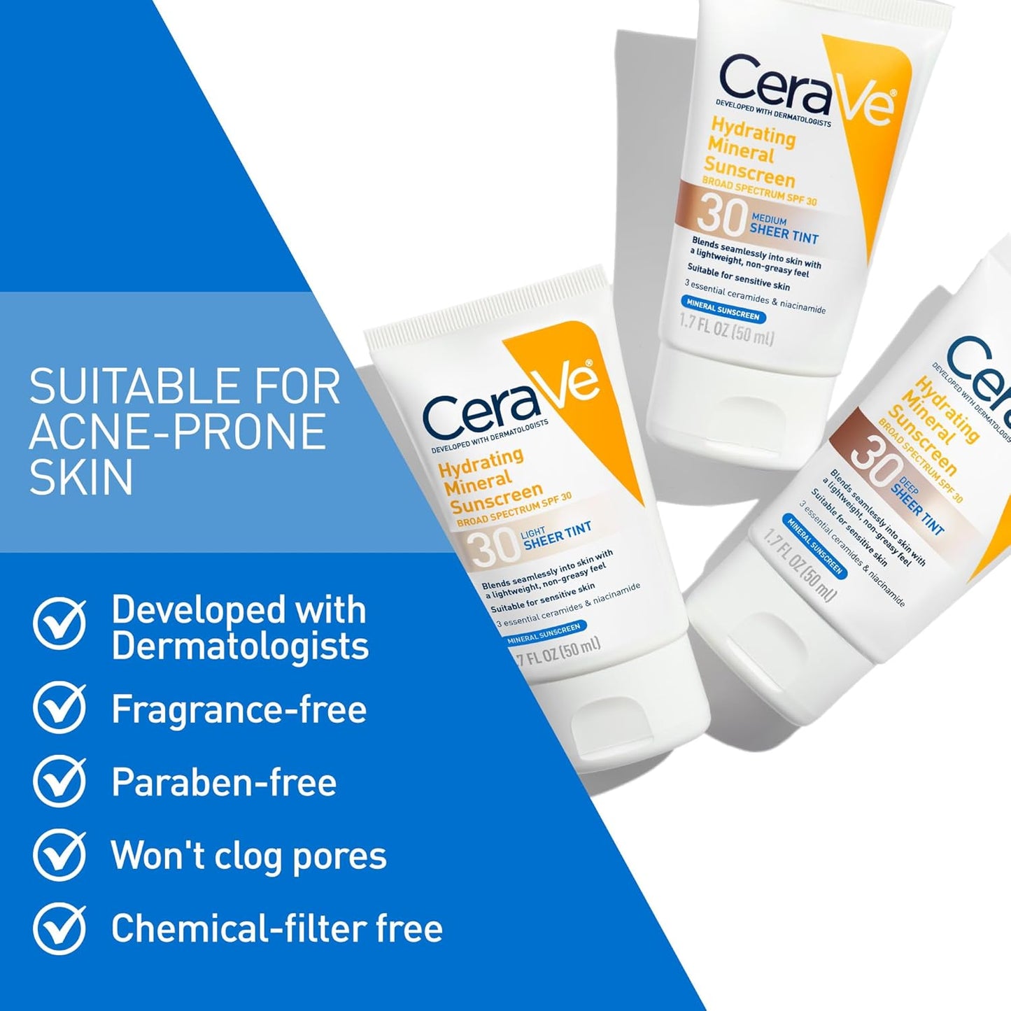 HotCeraVe Hydrating Mineral Sunscreen SPF 30 with Sheer Tint, Tinted Mineral Sunscreen with Zinc Oxide & Titanium Dioxide, Blends Seamlessly For Healthy Glow, Light, 1.7 Oz