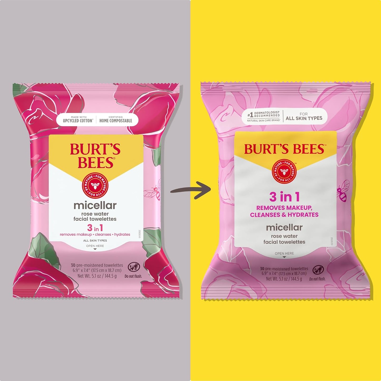 HotBurts Bees Micellar Rose Water Facial Towelettes, 100% Plant Based Cloth; 99% Natural Origin; Remove Makeup, Cleanse, Hydrate; No Greasy, Oily Residue; All Skin Types; 30 Ct, Pack of 3 (Pack May Vary)