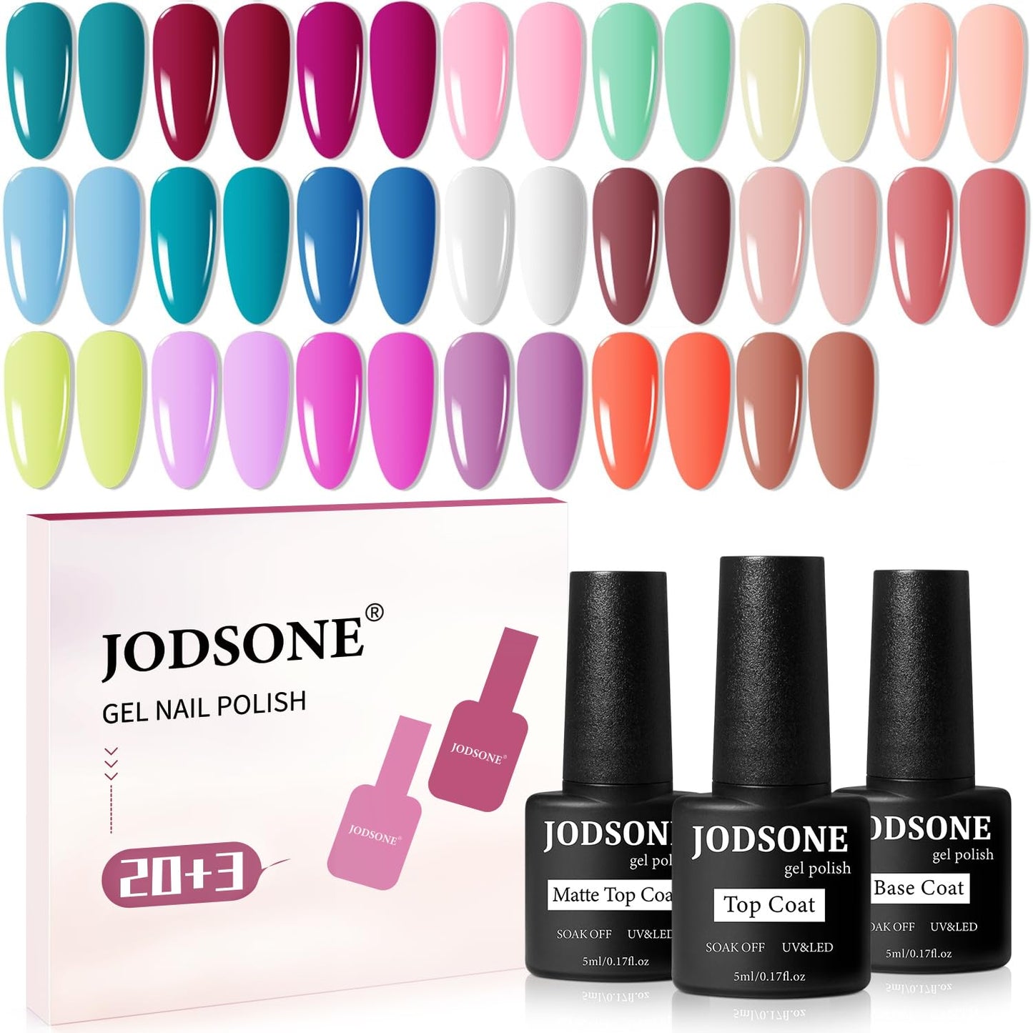 HotJODSONE 36 PCS Gel Nail Polish Set-32 Colors Gel Polish Kit Base Coat Glossy Matte and Glitter Top Coat Nail Polish Set Green Blue Red Pink Collection Gifts for Women