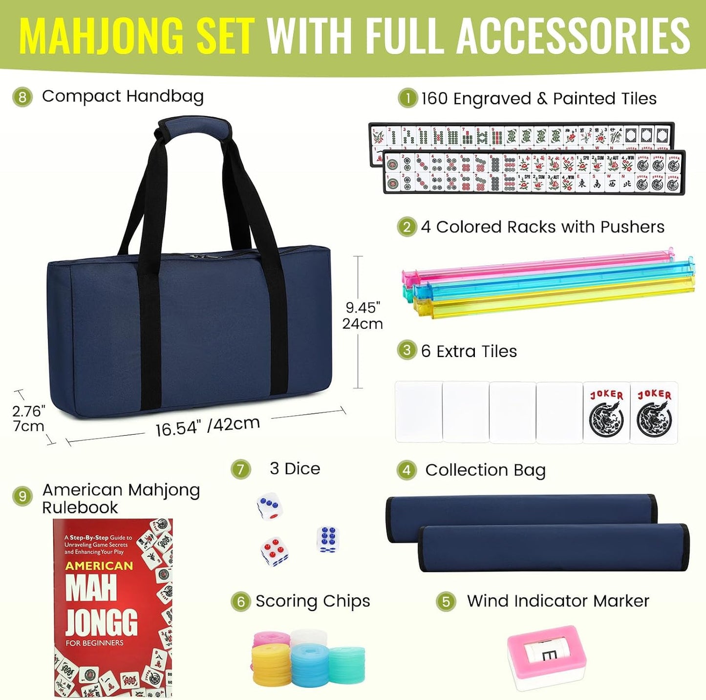 Hot American Mahjong Tile Set,166 White Tiles Mahjong Set,4 Colors Mahjong Racks,Travel Mahjong Set with Blue Carrying Bag