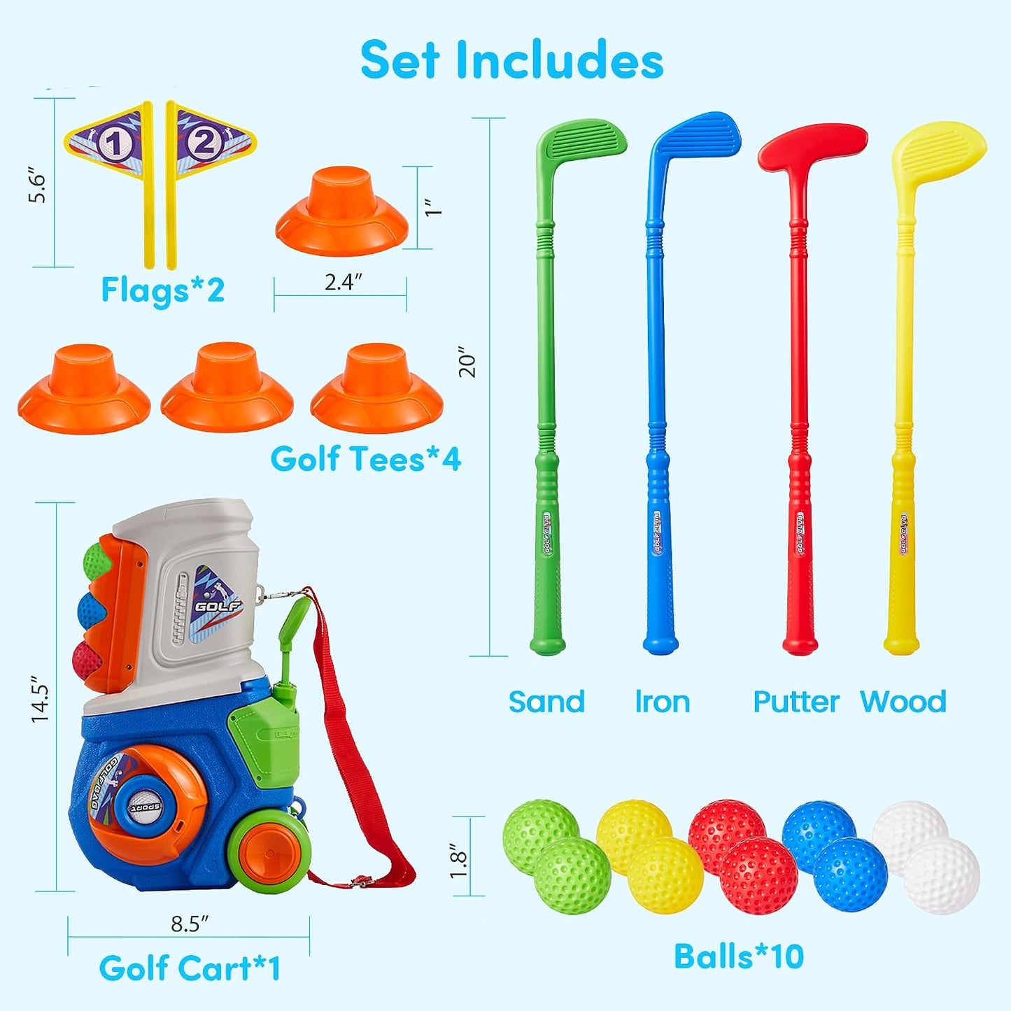 HotPJG Toddler Golf Set, Plastic Kids Golf Clubs Ages 1 2 3 4 Years Old with 4 Golf Clubs and 10 Balls, Indoor and Outdoor Golf Toys with Cart for Toddlers Boys and Girls Birthday Gift (Blue)