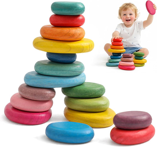 Hot OESSUF Extra-Large Stacking Rocks for Toddlers 1-3, 16 PCS Wooden Montessori Toys, Safe Smooth Jumbo Balancing Stones for Open-Ended Sensory Play, STEM Building Blocks for Boys & Girls
