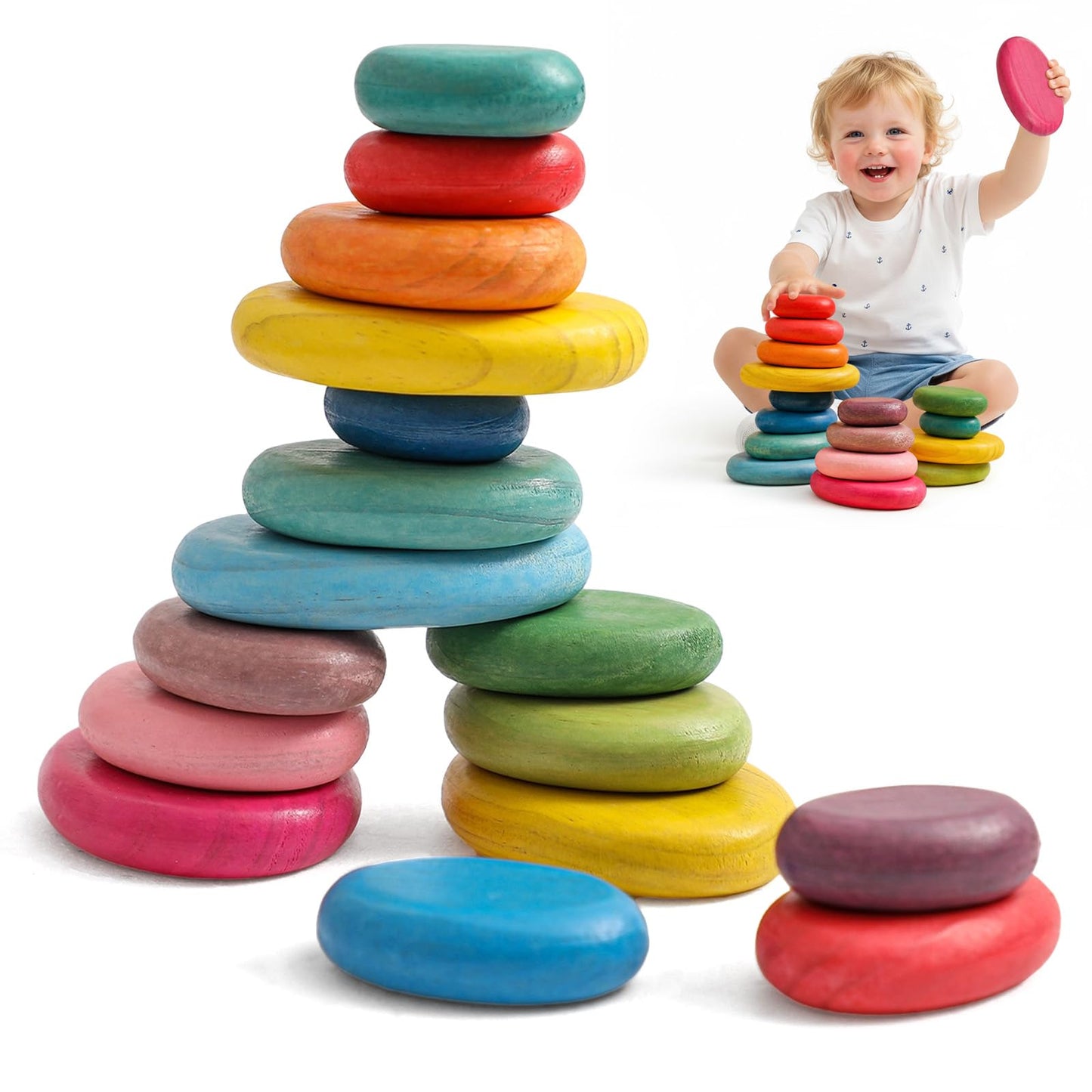Hot OESSUF Extra-Large Stacking Rocks for Toddlers 1-3, 16 PCS Wooden Montessori Toys, Safe Smooth Jumbo Balancing Stones for Open-Ended Sensory Play, STEM Building Blocks for Boys & Girls