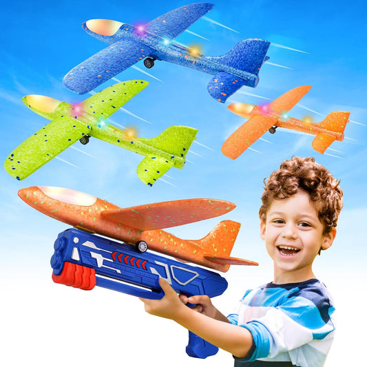 HotFuwidvia 3 Pack Airplane Launcher Toys, 13.2'' LED Foam Glider Plane Toy for Boys, 2 Flight Modes Outdoor Flying Toys Birthday Gifts for Boys Girls 4 5 6 7 8 9 10 11 12 Year Old (Blue&Green&Orange)