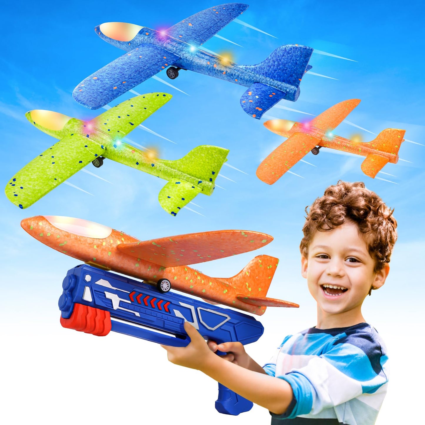HotFuwidvia 3 Pack Airplane Launcher Toys, 13.2'' LED Foam Glider Plane Toy for Boys, 2 Flight Modes Outdoor Flying Toys Birthday Gifts for Boys Girls 4 5 6 7 8 9 10 11 12 Year Old (Blue&Green&Orange)