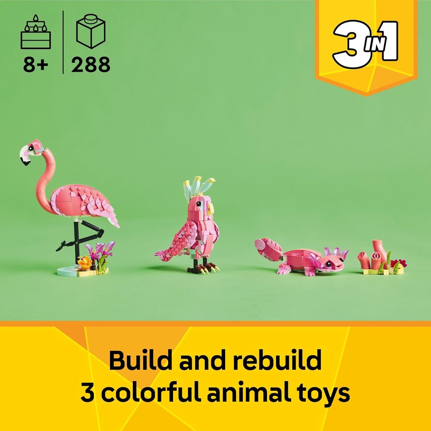 HotLEGO Creator 3 in 1 Wild Animals: Pink Flamingo Animal Building Toy - Playset with 3 Build Options, Pink Flamingo, Cockatoo, or Axolotl - Learning Toy for Kids, Ages 8+ - 31170